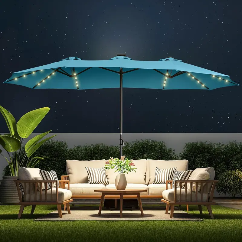 15-Foot Double-Sided Solar-Powered Patio Umbrella – LED-Lit Oversized Market Style with Base. Beige