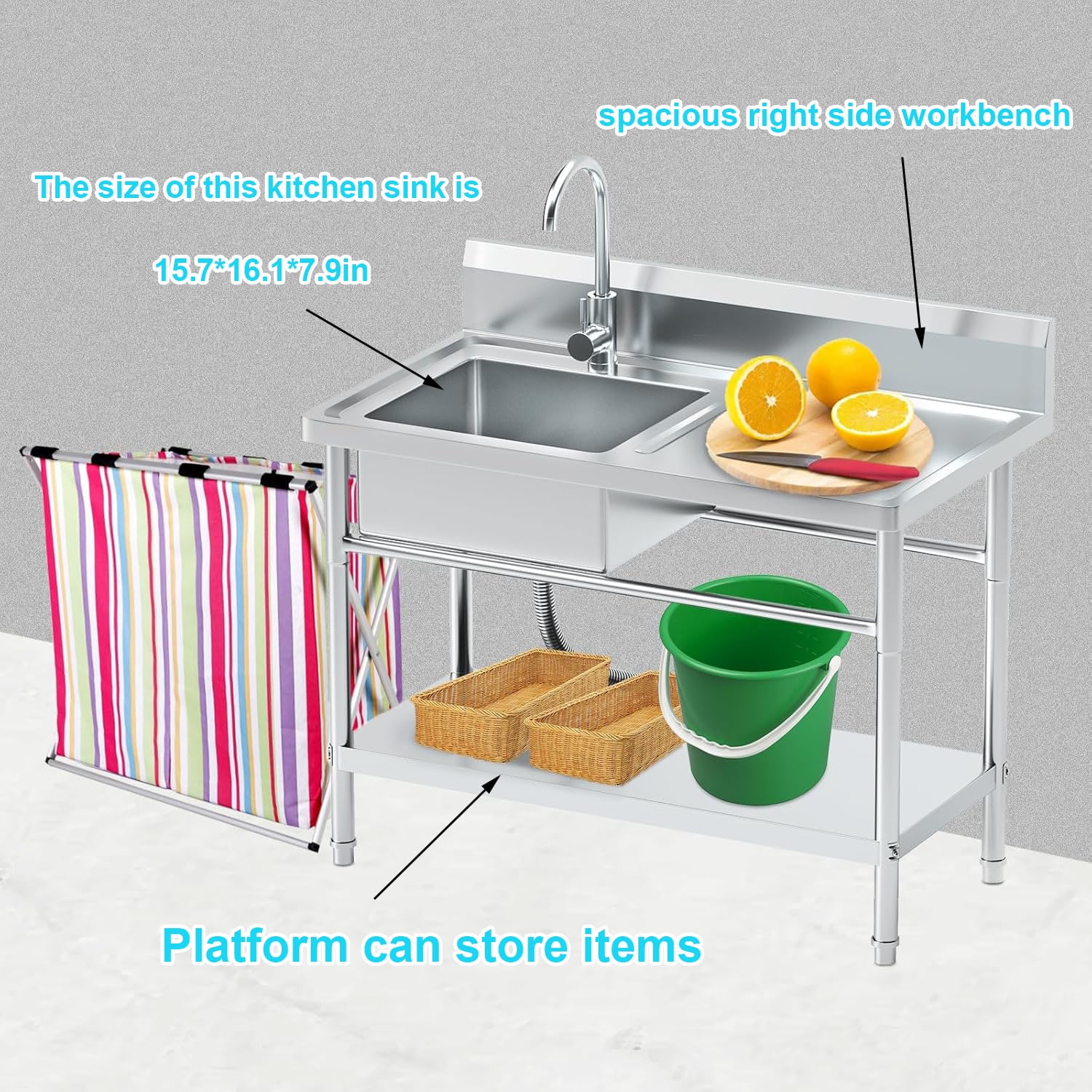 Stainless Steel Utility Sink with Cold and Hot Water Pipes, Free Standing Single Bowl Commercial Kitchen Sink with Workbench,Storage Shelf& Faucet ,For   Kitchen,Bathroom,Farmhouse,Indoor,Outdoor