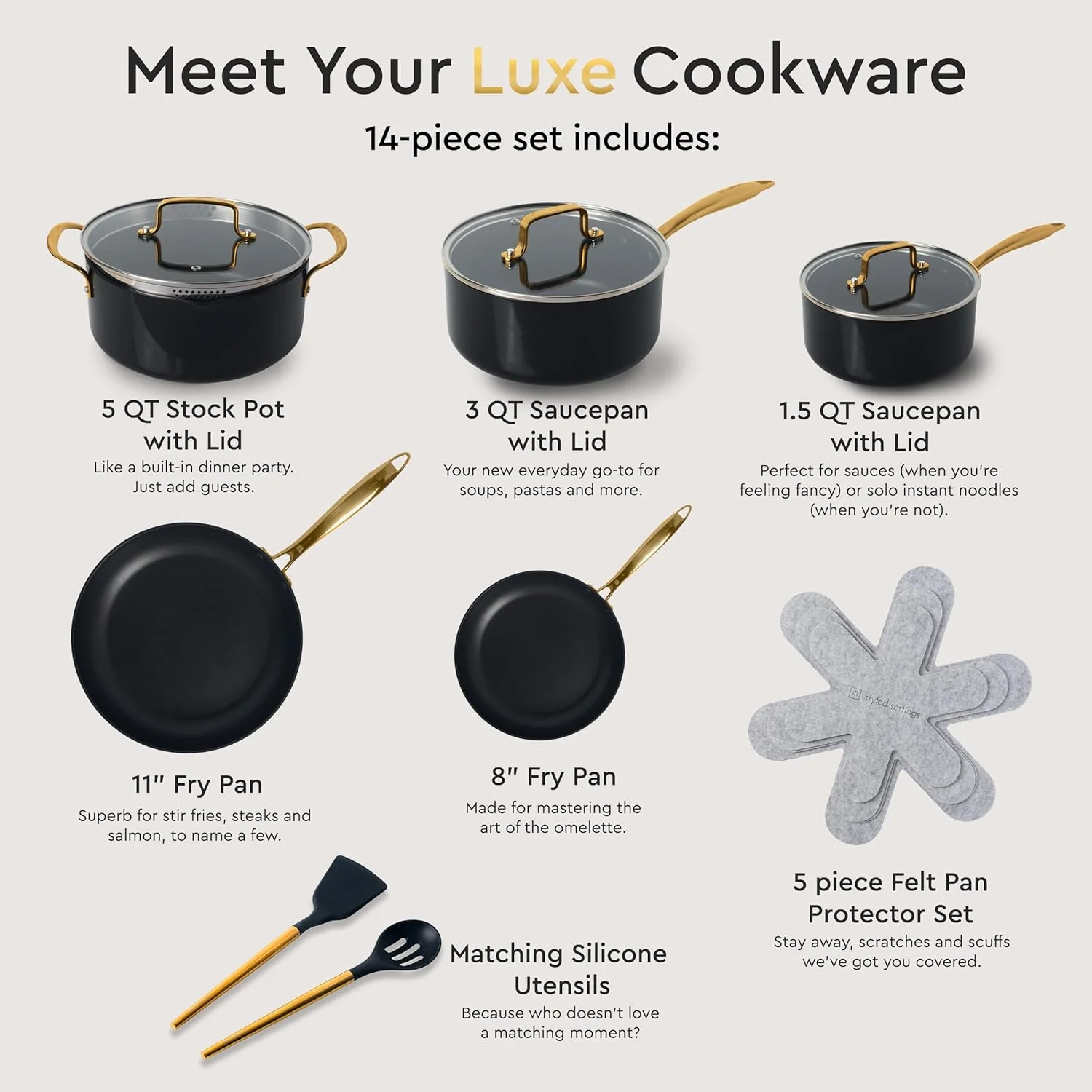 Styled Settings White Pots and Pans Set Nonstick-15 Piece Luxe White Cookware Set Non Toxic,Oven Safe,Induction Safe Cooking Pot with Strainer Lid,Gold Cooking Utensils,Gold Pots & Pans��