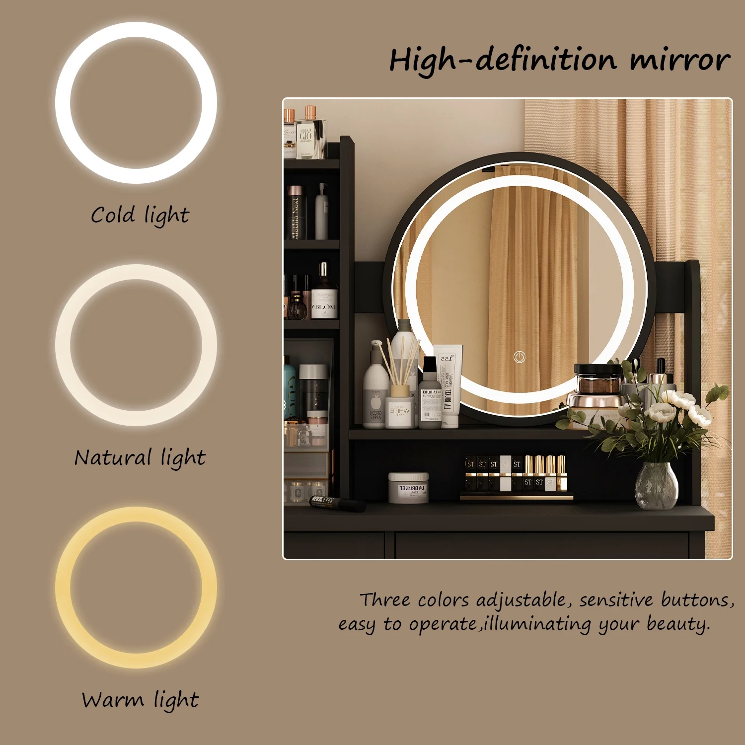 OXYLIFE Makeup Vanity Desk Table with Sliding LED Lighted Mirror, Cushion Stool, 4 Drawers and Shelves, White+Gray