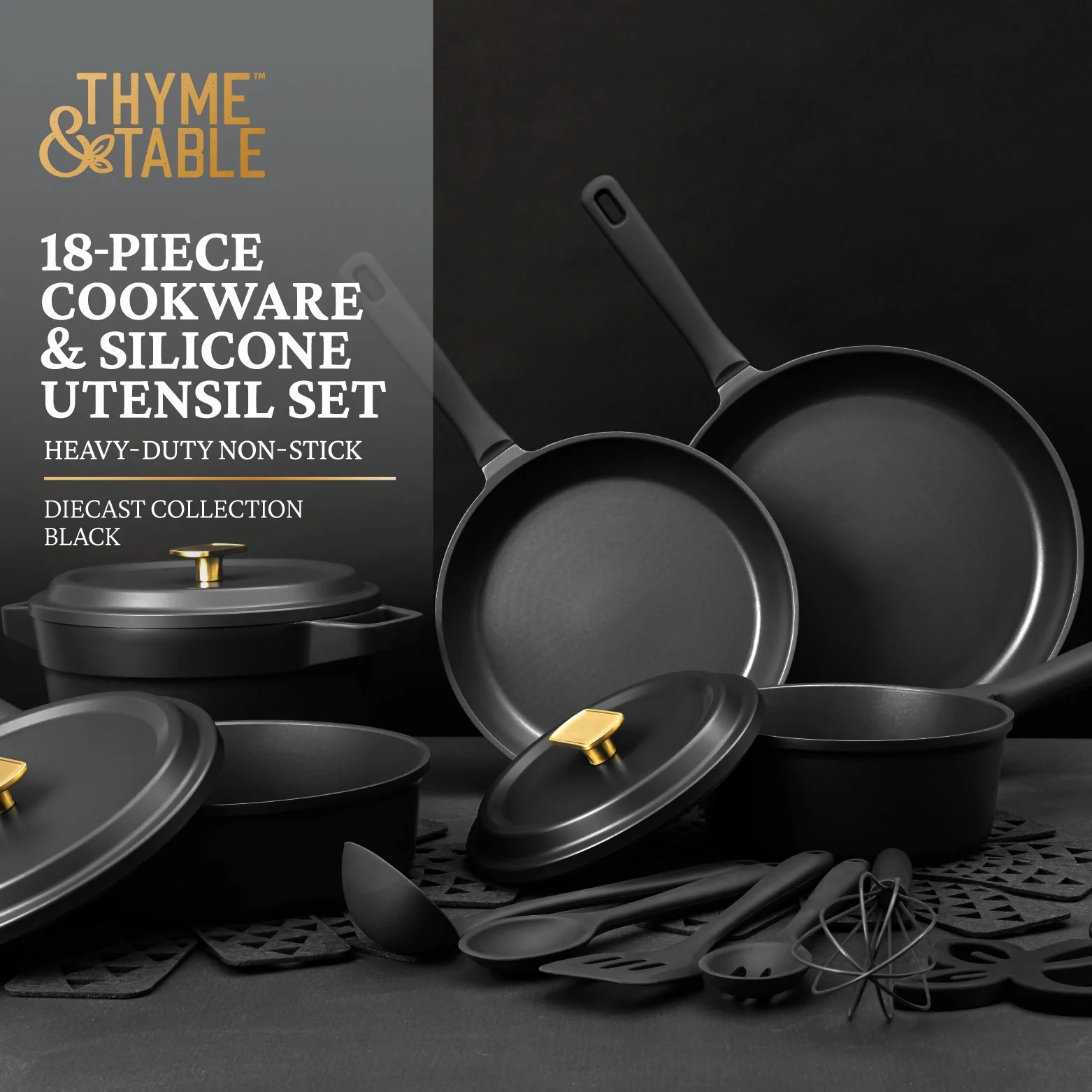 Thyme & Table 18-Piece Non-stick Diecast Cookware & Silicone Utensil Set, Pots and Pans Set - Atlantic Blue
