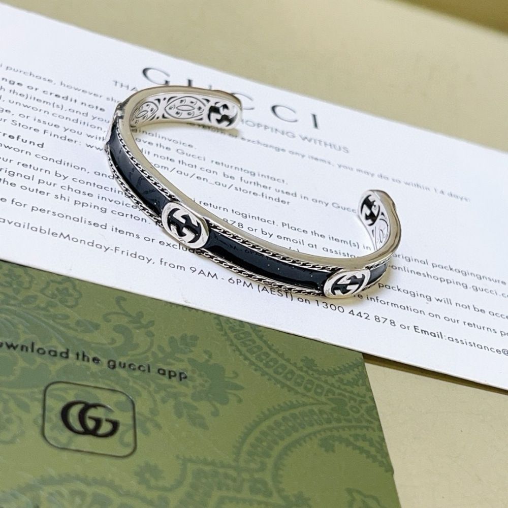 Gucci Cuff Bracelet Interlocking Gg Sterling Silver Black Enamel