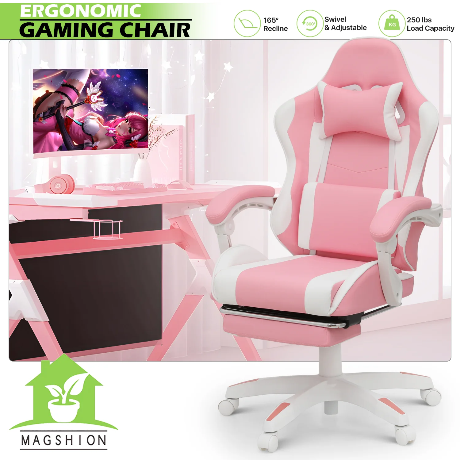 Magshion Adjustable Gaming Chair, Ergonomic PC Computer Seat with Headrest and Lumbar Support for Adults Teens Desk Chair, Black