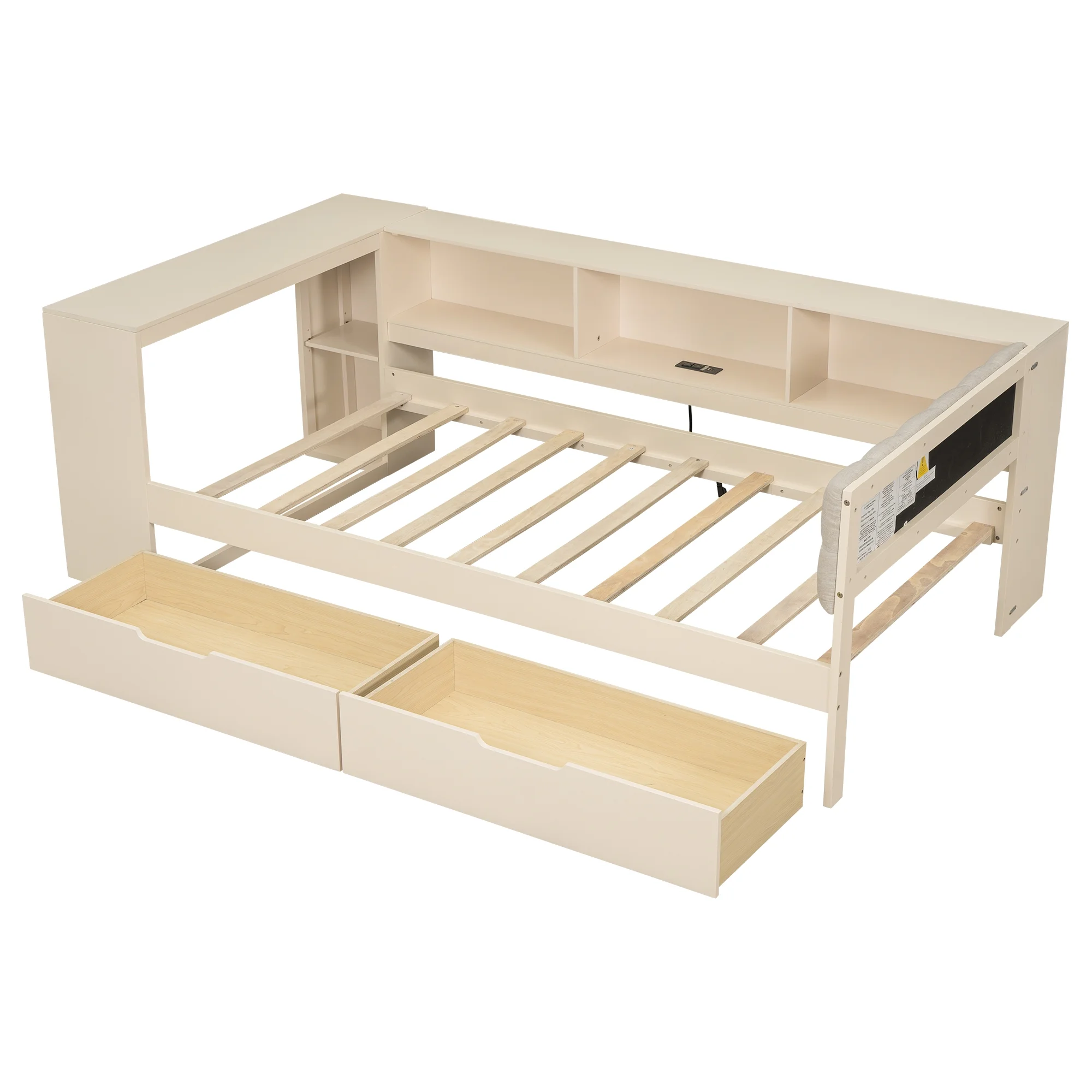 Euroco Wood Twin Size Platform Bed with Desk and Shelves, Drawers and USB Charging for Kids, Cream