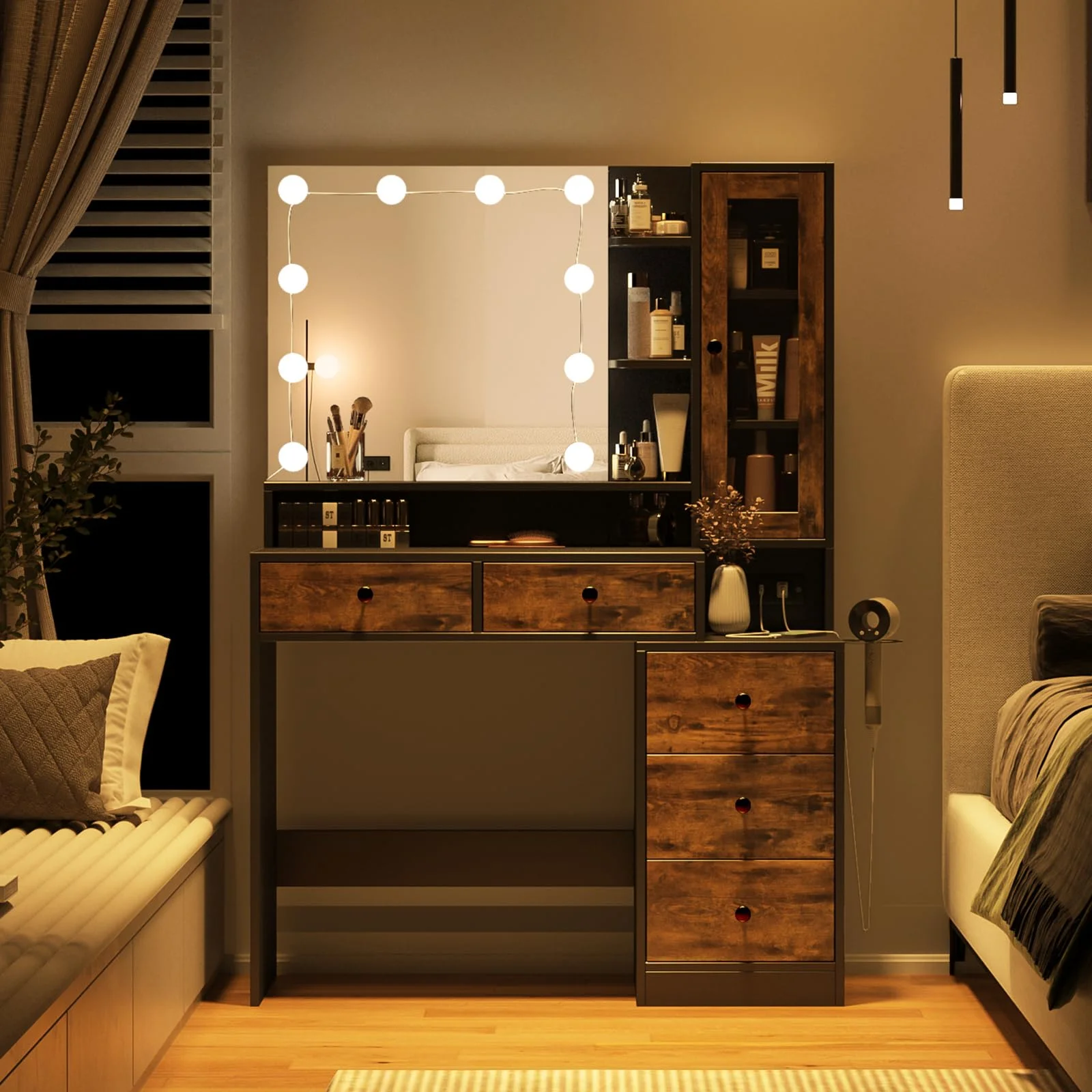 VEANERWOOD Makeup Vanity Desk with Lighted Mirror and Power Strip, Modern Vanity Table with 5 Drawers, White