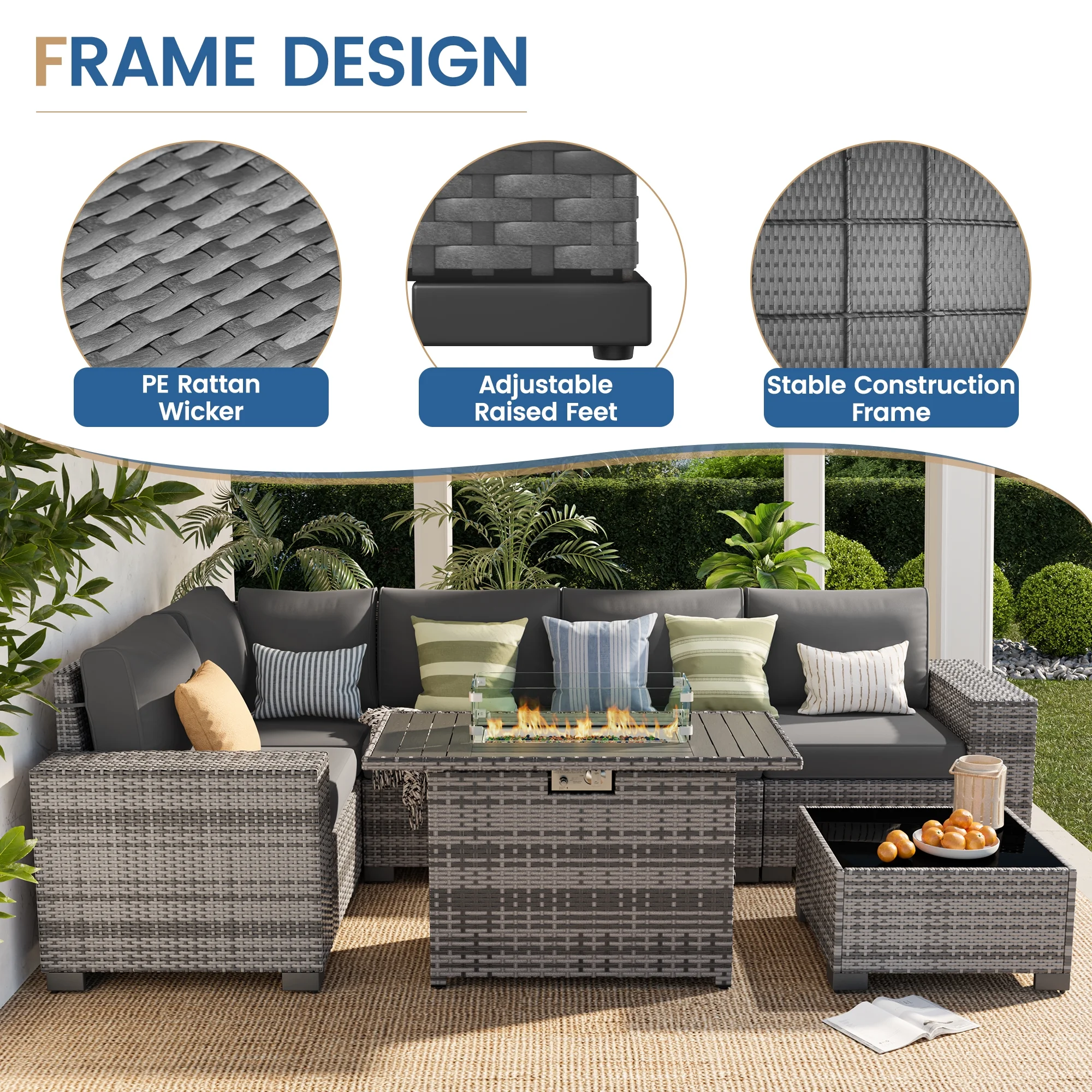Poteban Patio Furniture Set 6 PCS Outdoor Sectional Conversation Sets Featuring Widen Wicker Armrests and High Back, Black (Waterproof Covers Included)