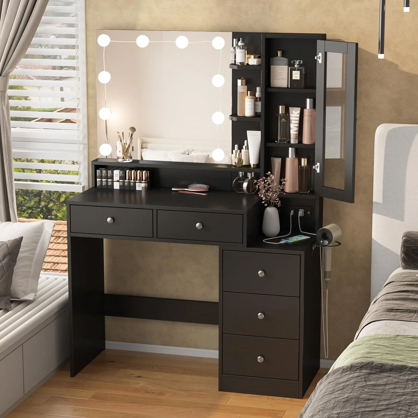 VEANERWOOD Makeup Vanity Desk with Lighted Mirror and Power Strip, Modern Vanity Table with 5 Drawers, White