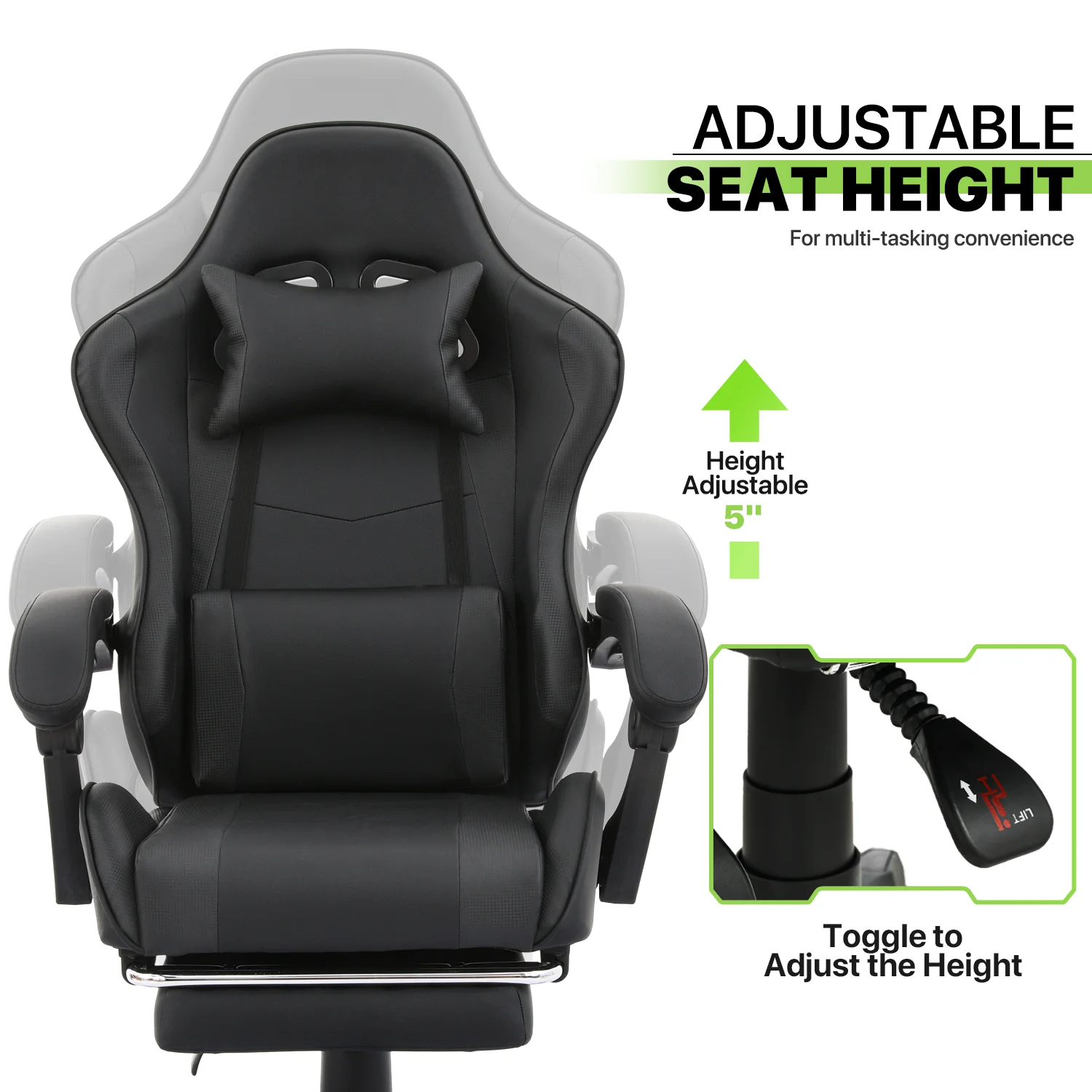Magshion Adjustable Gaming Chair, Ergonomic PC Computer Seat with Headrest and Lumbar Support for Adults Teens Desk Chair, Black