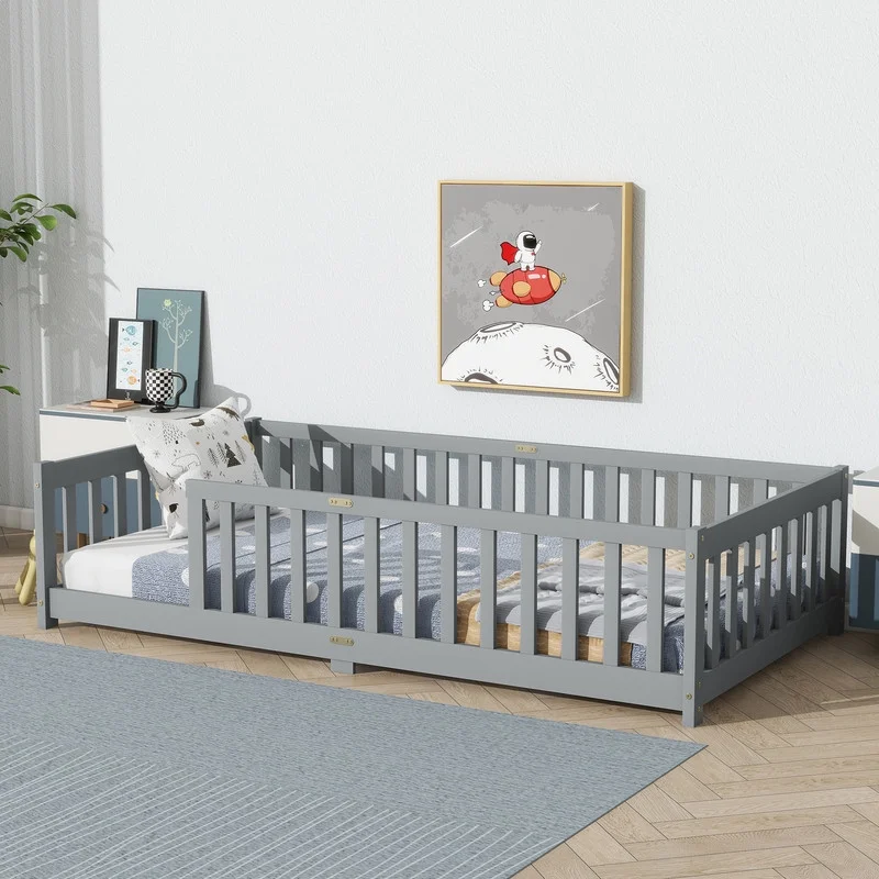 Bellemave Twin Size Floor Beds, Wood Montessori Bed with Fence Railings & Support Slats, No Box Spring Needed (Gray��