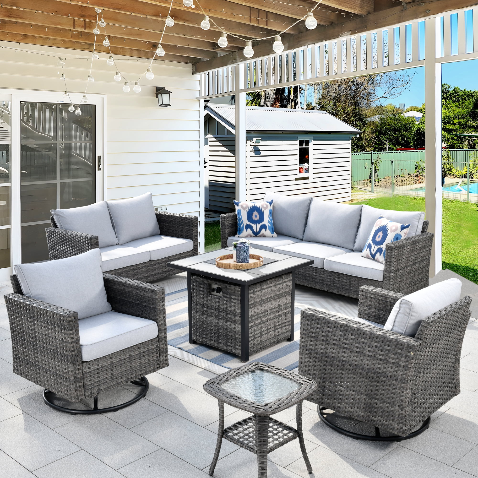 Ovios 6 Pieces Outdoor Patio Furniture Set with Gas Propane Fire Pit Table Wicker Outdoor Conversation Set with Swivel Rocking Chair for Backyard, Cushion Beige