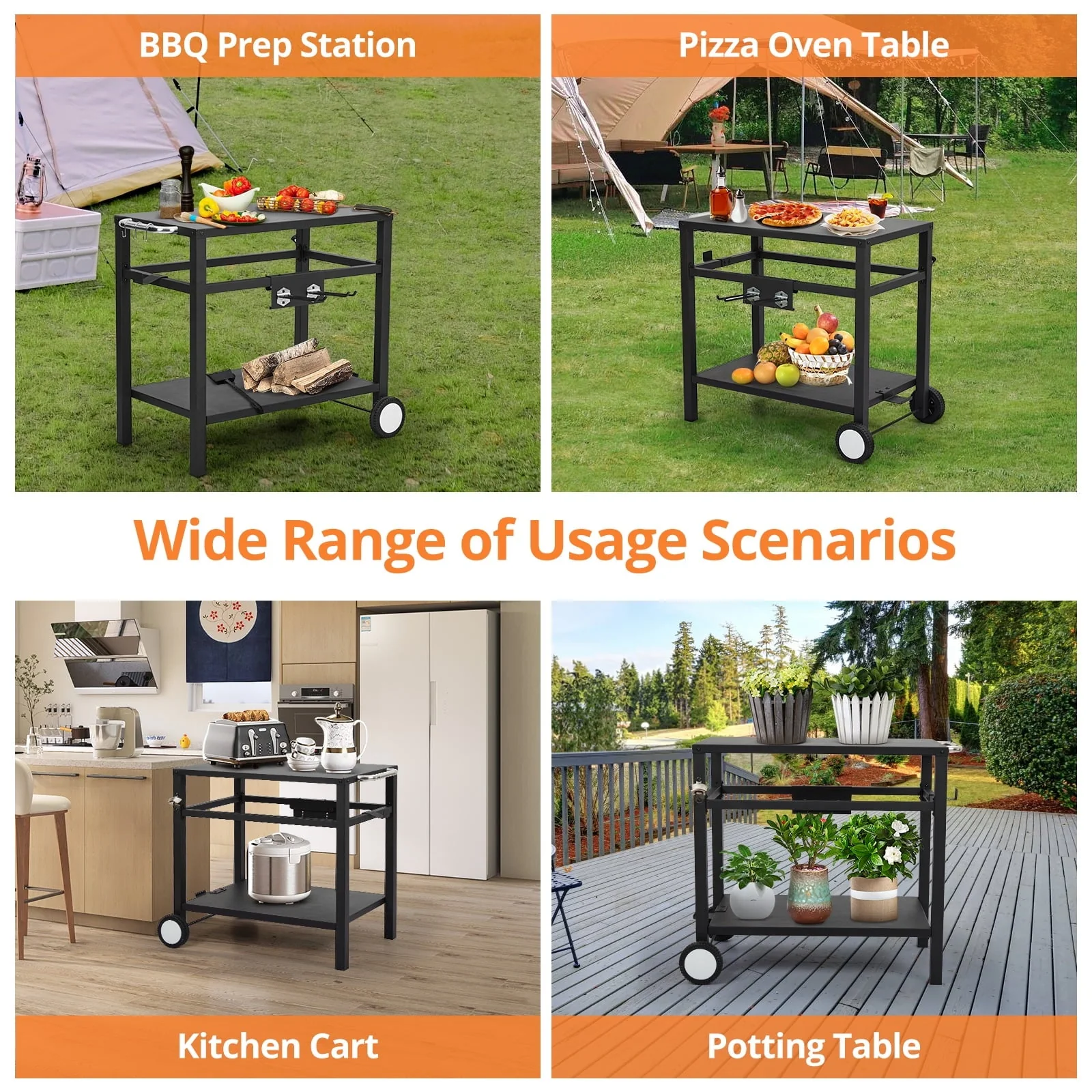EastVita Outdoor Grill Cart Pizza Oven Stand, BBQ Prep Table Helpdesk with Wheels, Double-Shelf Grilling Cart Tabletop Griddle Cooking Station for Bar, Patio, Camping