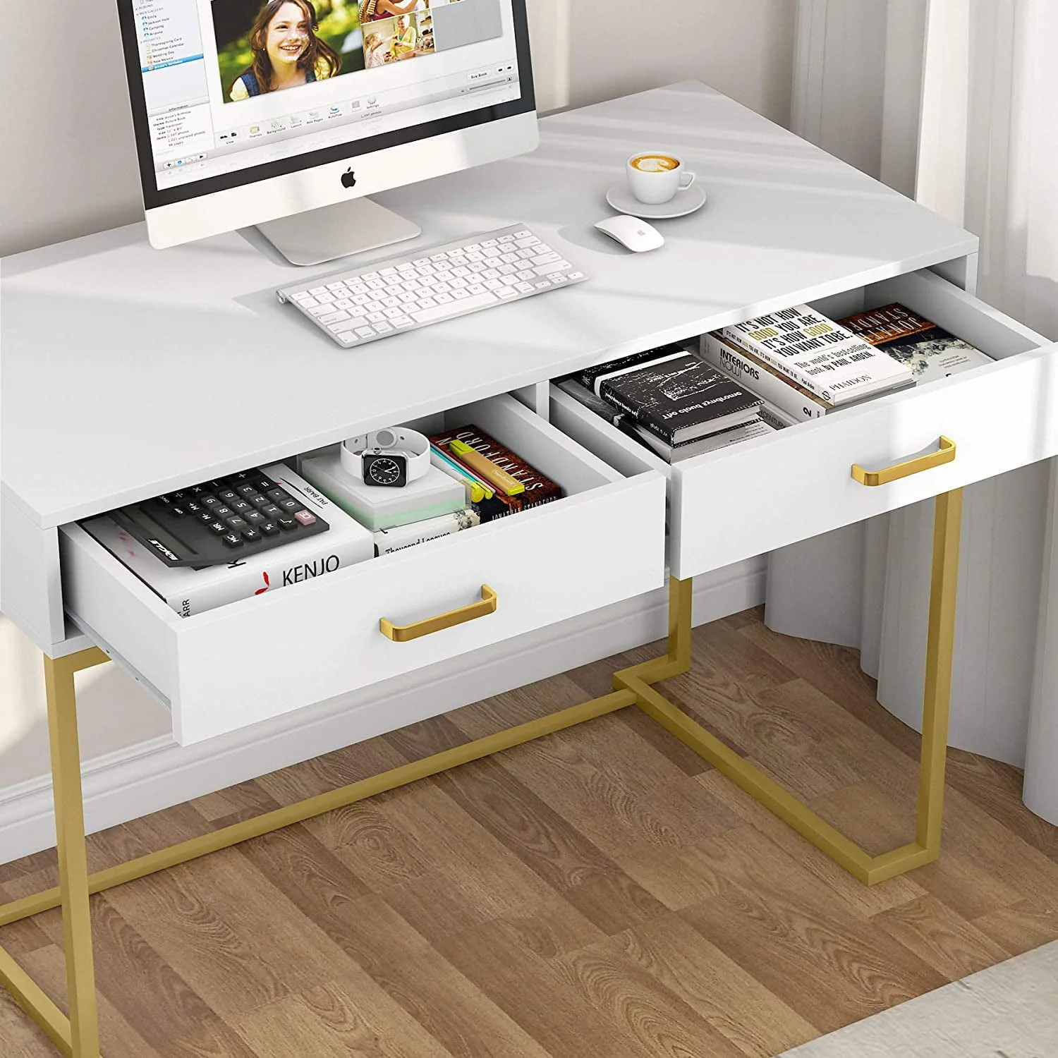 Computer Desk with Drawers, White and Gold Writing Desk with 2 Drawers, Simple and Modern (White, Gold)