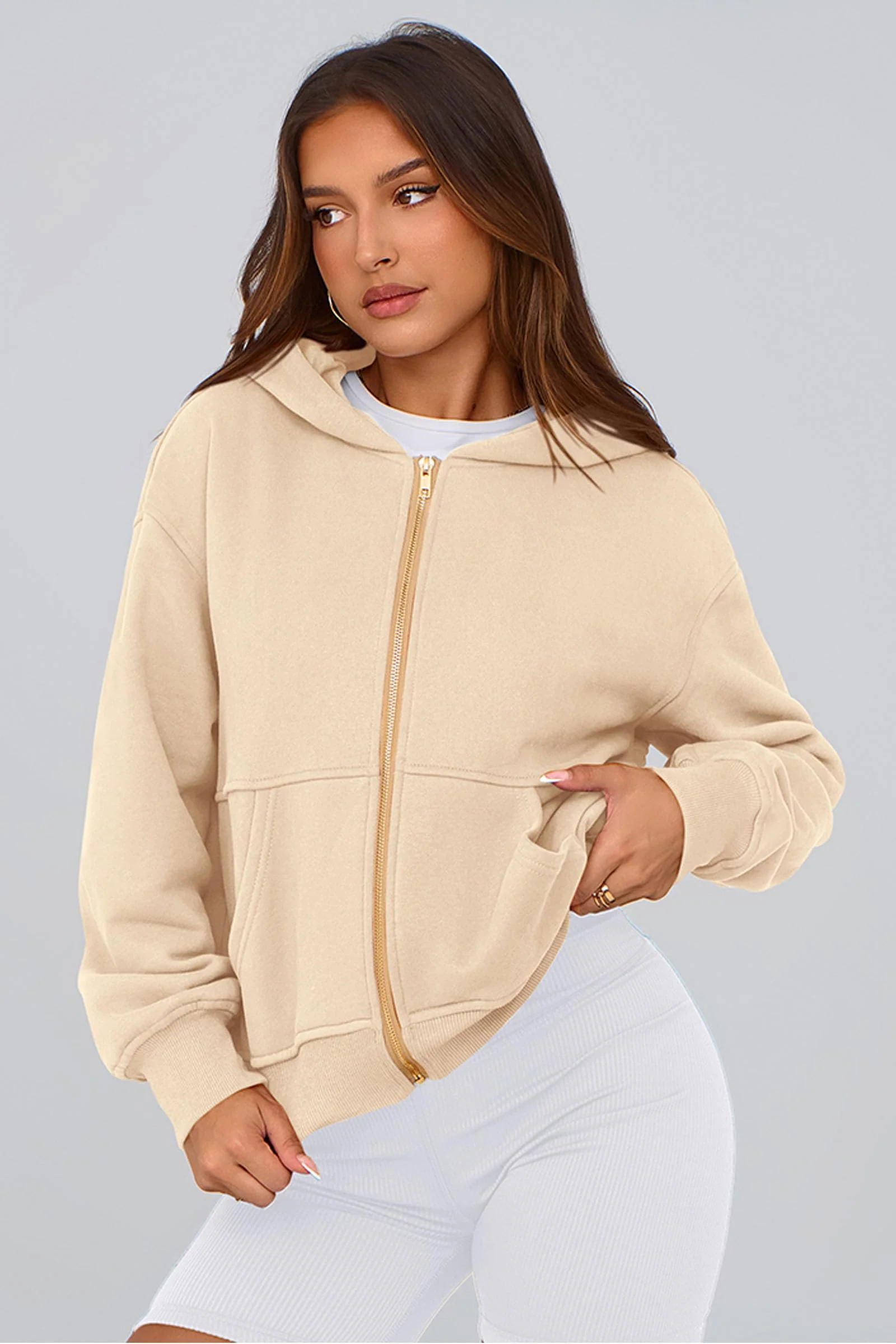 PRETTYGARDEN Hoodies for Women Sweatshirt Zip Up Hoodie Fall Fashion 2026 Trendy Long Sleeve Jackets Winter Clothing Outfits (Apricot,Medium)