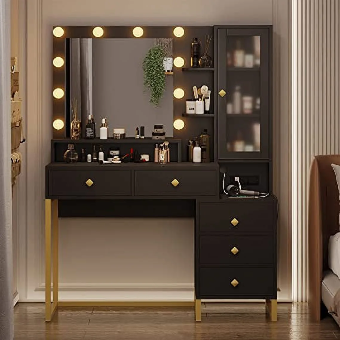 Vanity Desk with LED Lighted Mirror, Makeup Desk with 5 Storage Drawers & 6 Shelves, Vanity Table with Charging Station, Modern Dressing Table with 3 Color Lighting Options, White