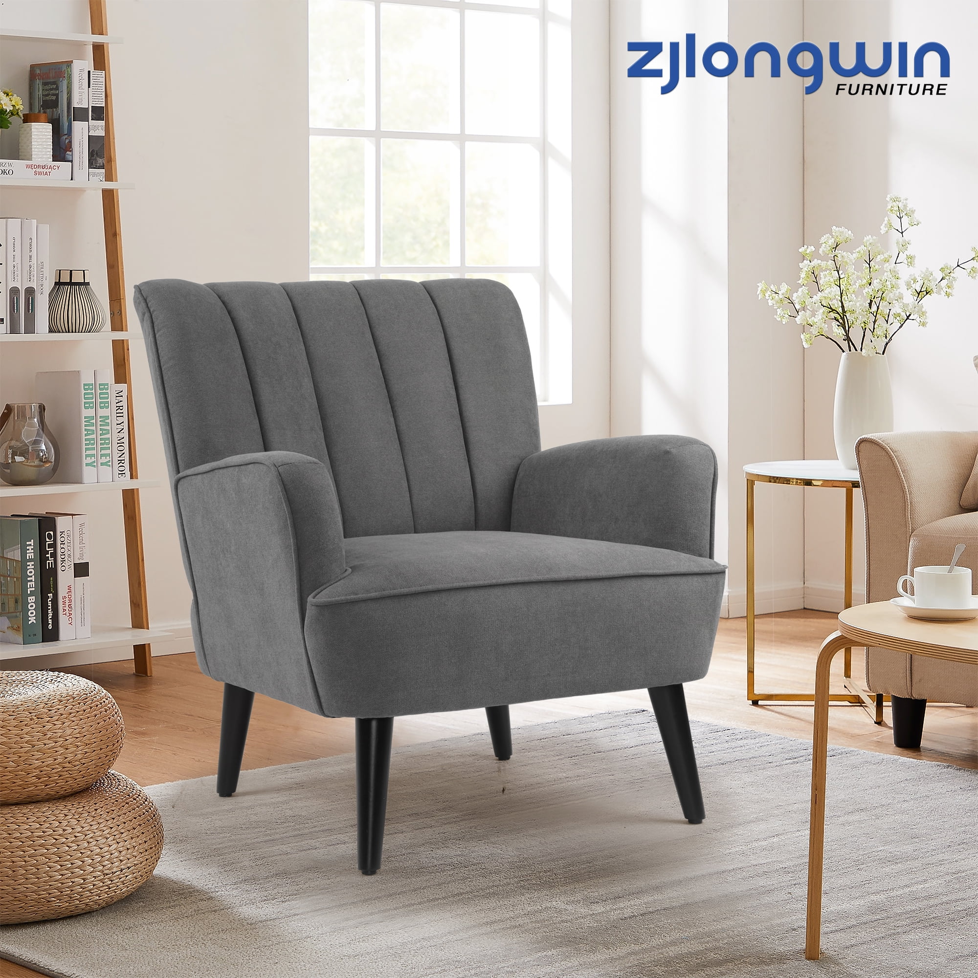 Mid Century Accent Chairs, Fabric Upholstered Wooden Living Room Armchairs, Gray, Set of 1