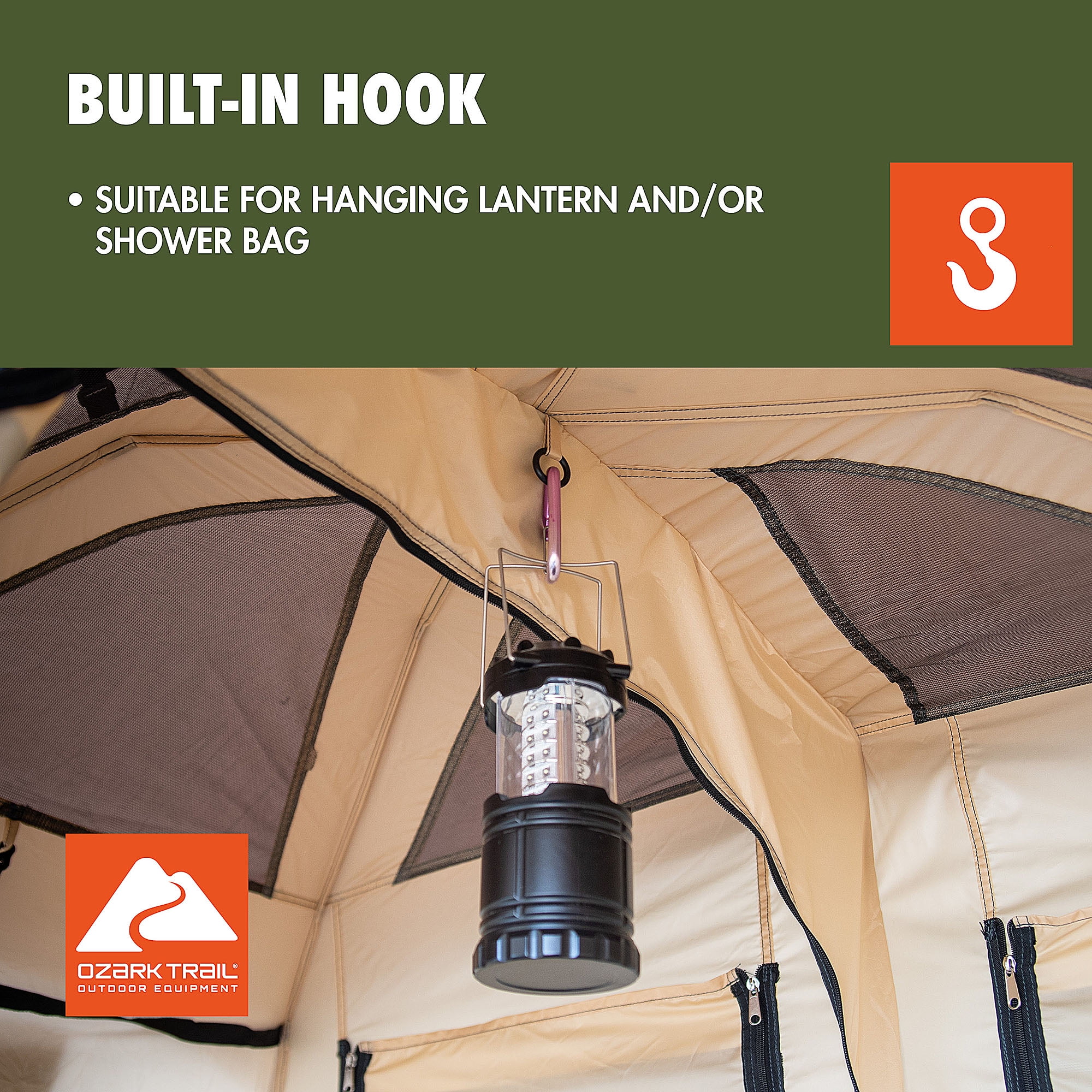 Ozark Trail 2-Room Shower & Utility Tent Combo Includes 5-Gallon Water Container, Easy Setup, Maximum Occupancy Is 2. Khaki Colour.