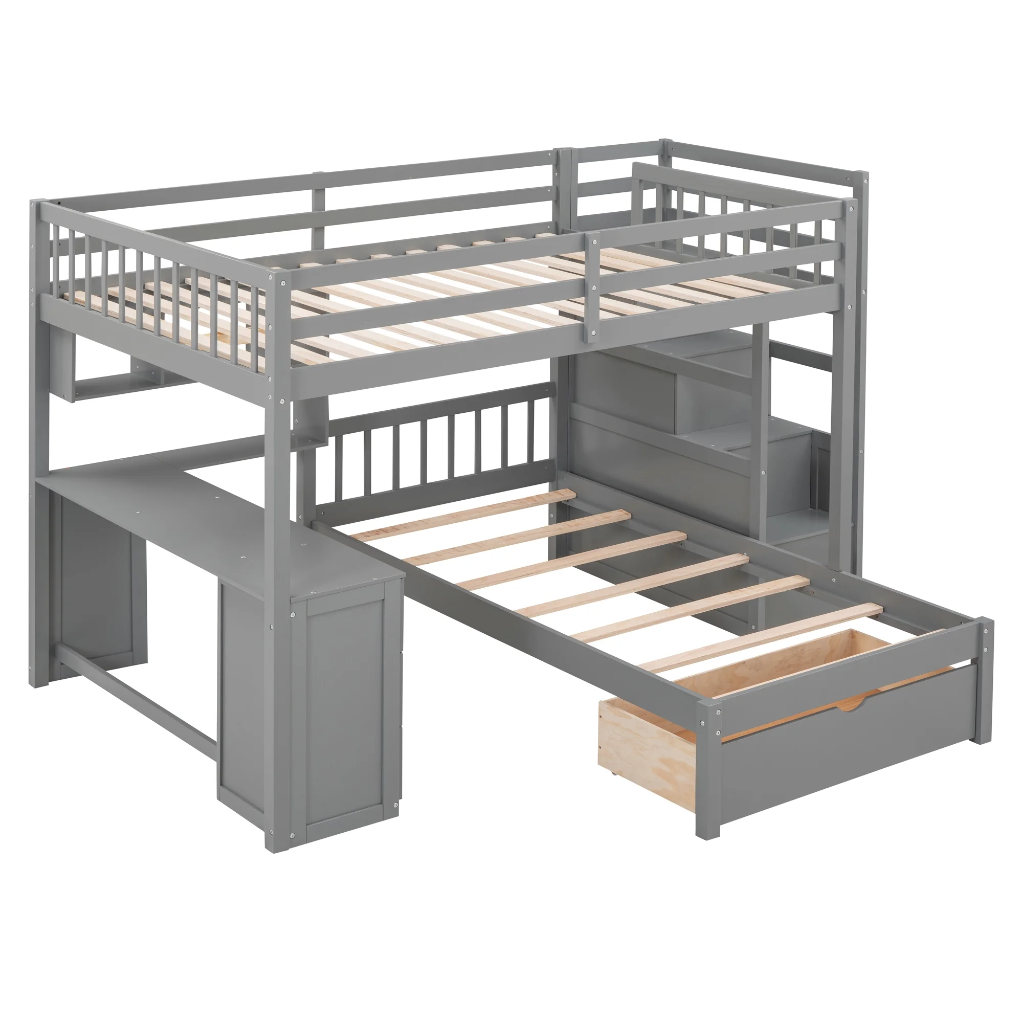 Harper & Bright Designs Full Over Twin Bunk Bed with Desk, Drawers and Shelves, L-Shaped Bunkbeds with Storage Staircase for Adults Bedroom, White