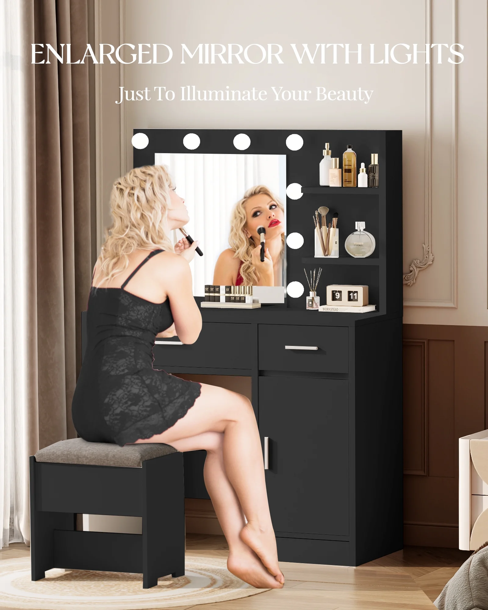 LIVELYGLOW Vanity Desk with Mirror and Lights, Makeup Vanity with Drawer & Storage Shelves, Cabinet, 3 Lighting Modes Adjustable Brightness,White