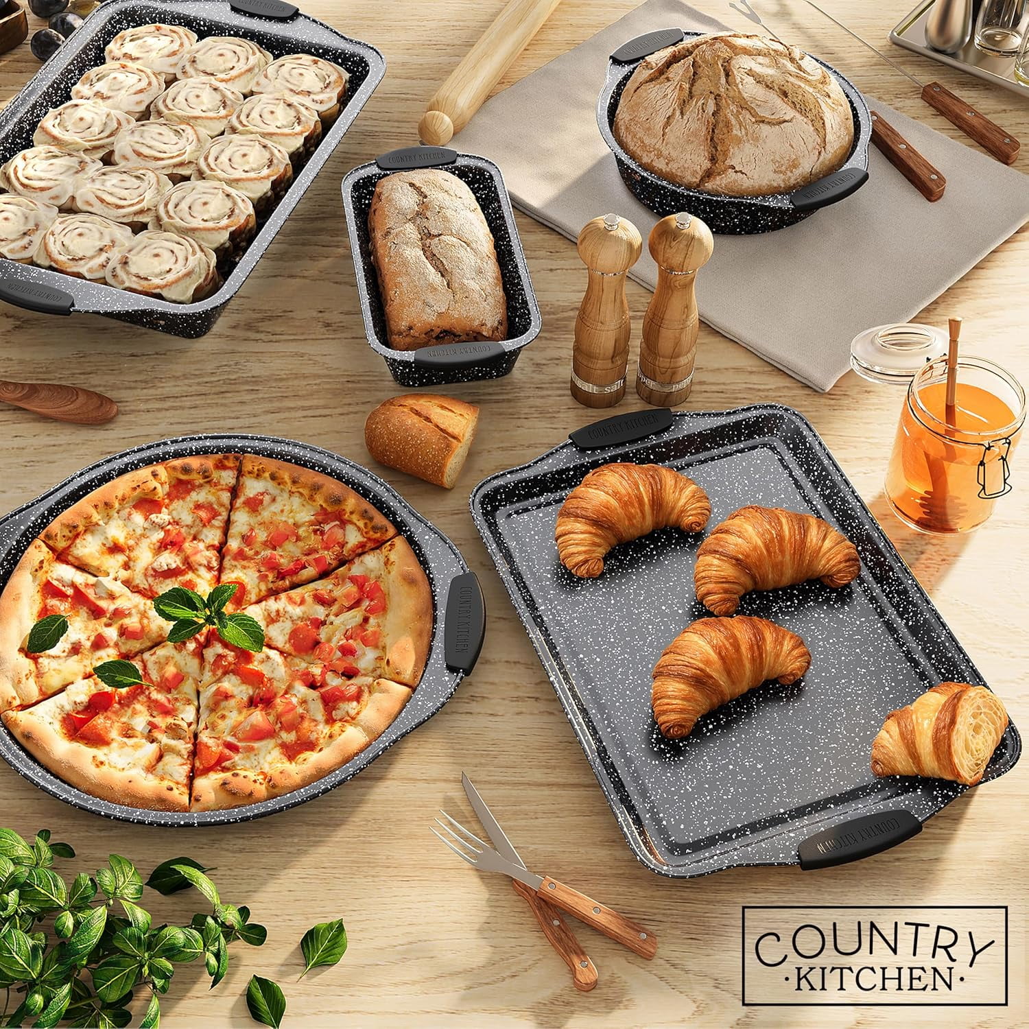 Country Kitchen 10-Piece Nonstick Bakeware Set - Stackable Pots and Pans, Black