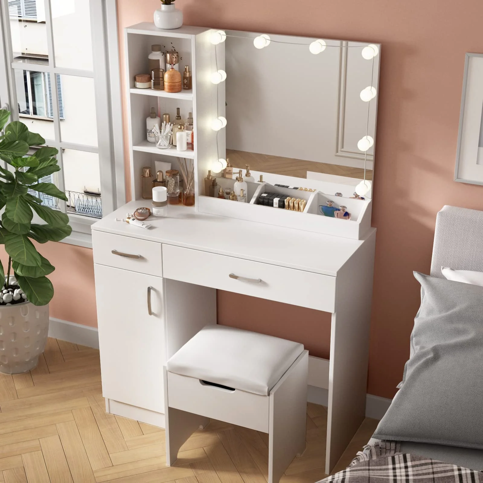 Veanerwood Makeup Vanity Table with 10 Led Lights, Lighted Mirror Vanity Desk, Modern Bedroom Dressing Vanity, White Finish