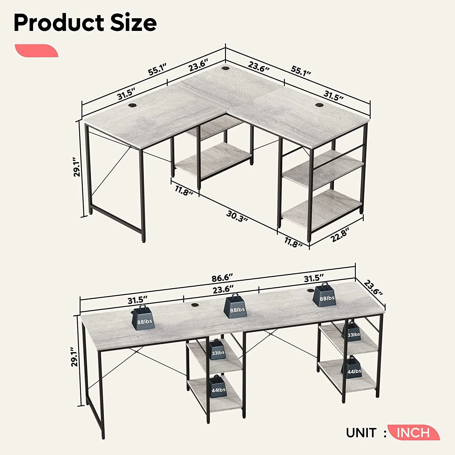 Bestier 86.6 inch Reversible L Shaped Desk with Shelves Grey