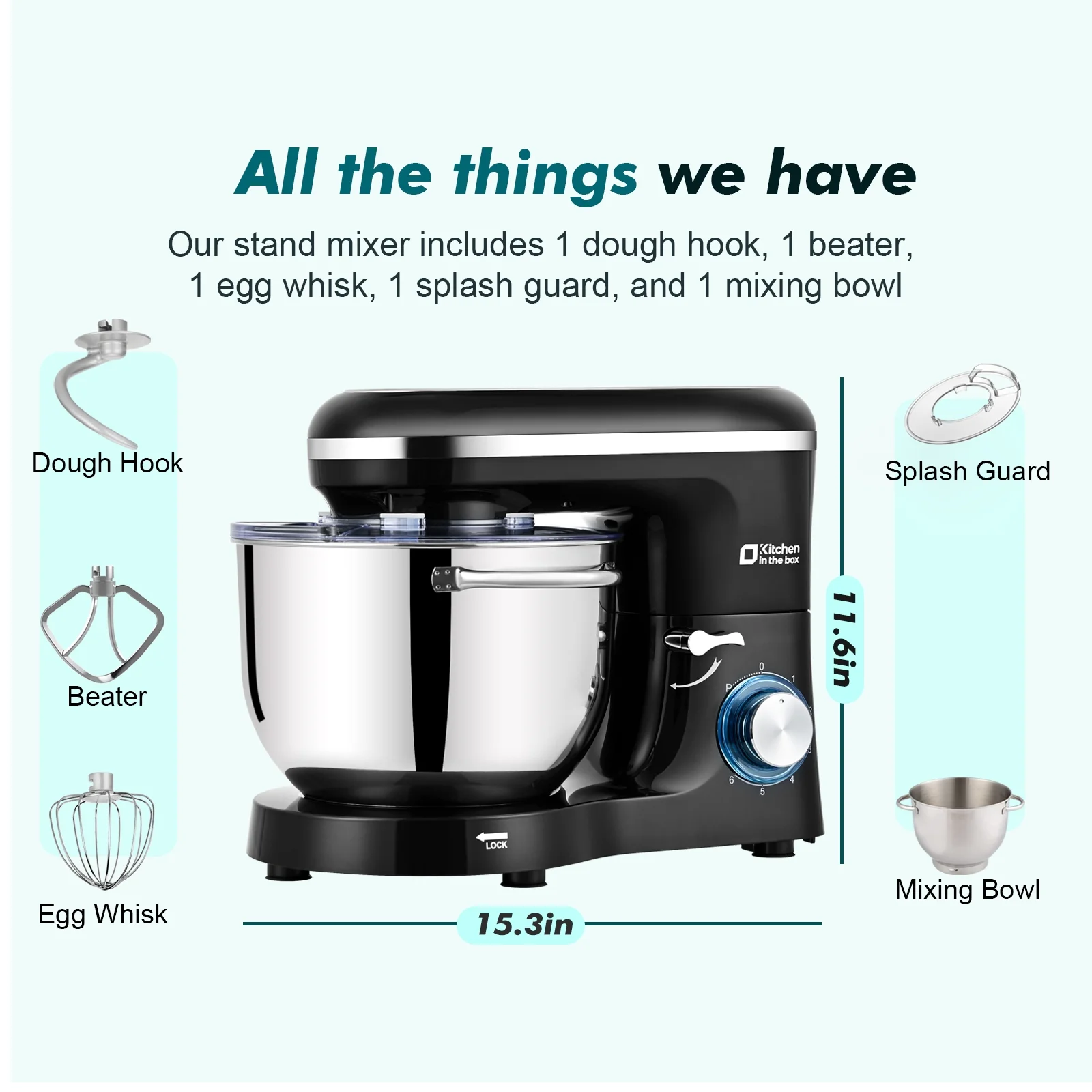 Kitchen in the box Tilt-Head Stand Mixer, Electric Kitchen Mixer with 6.5QT Stainless Steel Bowl, 660W Food Mixer with 6-Speed, Black