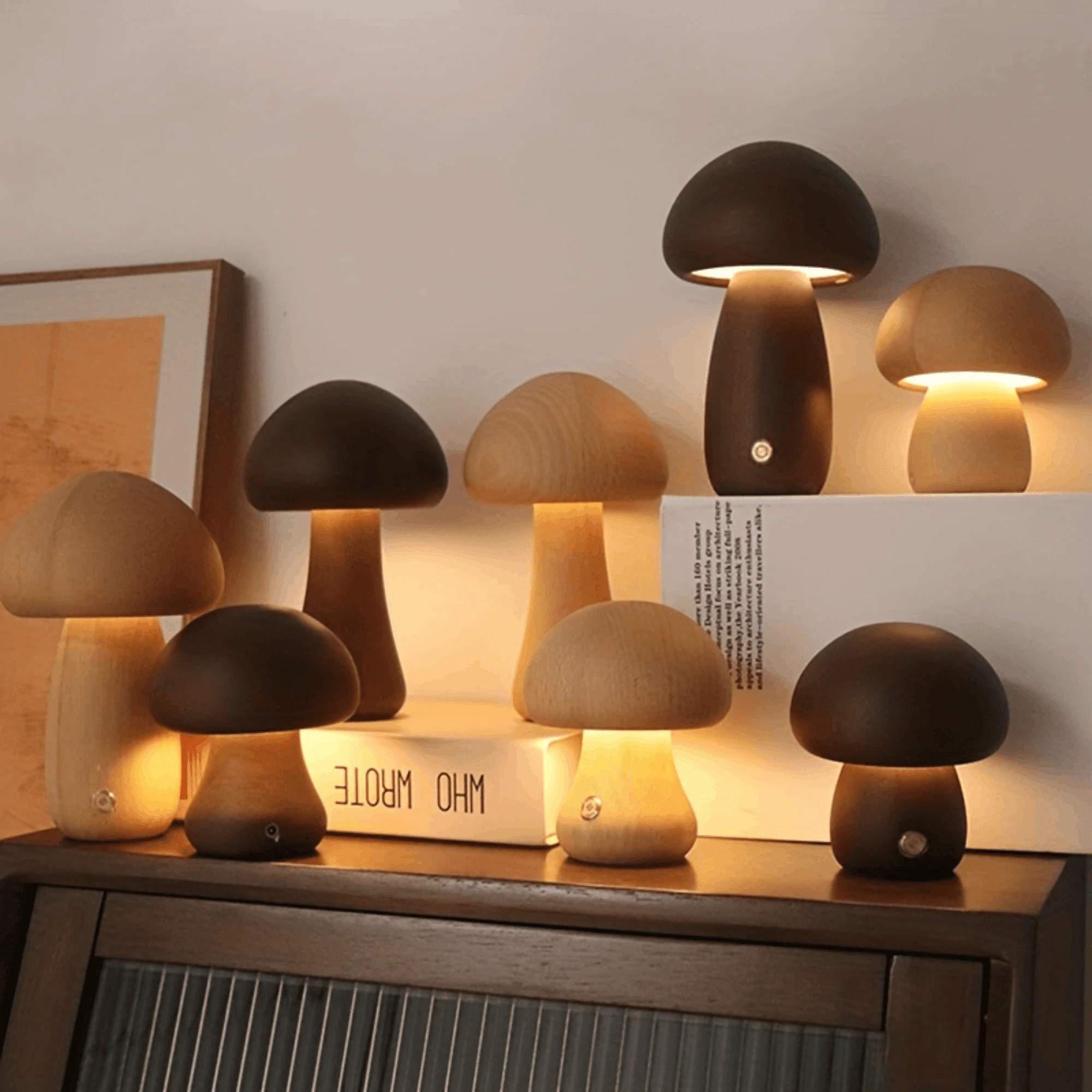 Mushroom Table Lamp, Dimmable LED Creative Wood Desk Lamp with USB Charging for Home Decor