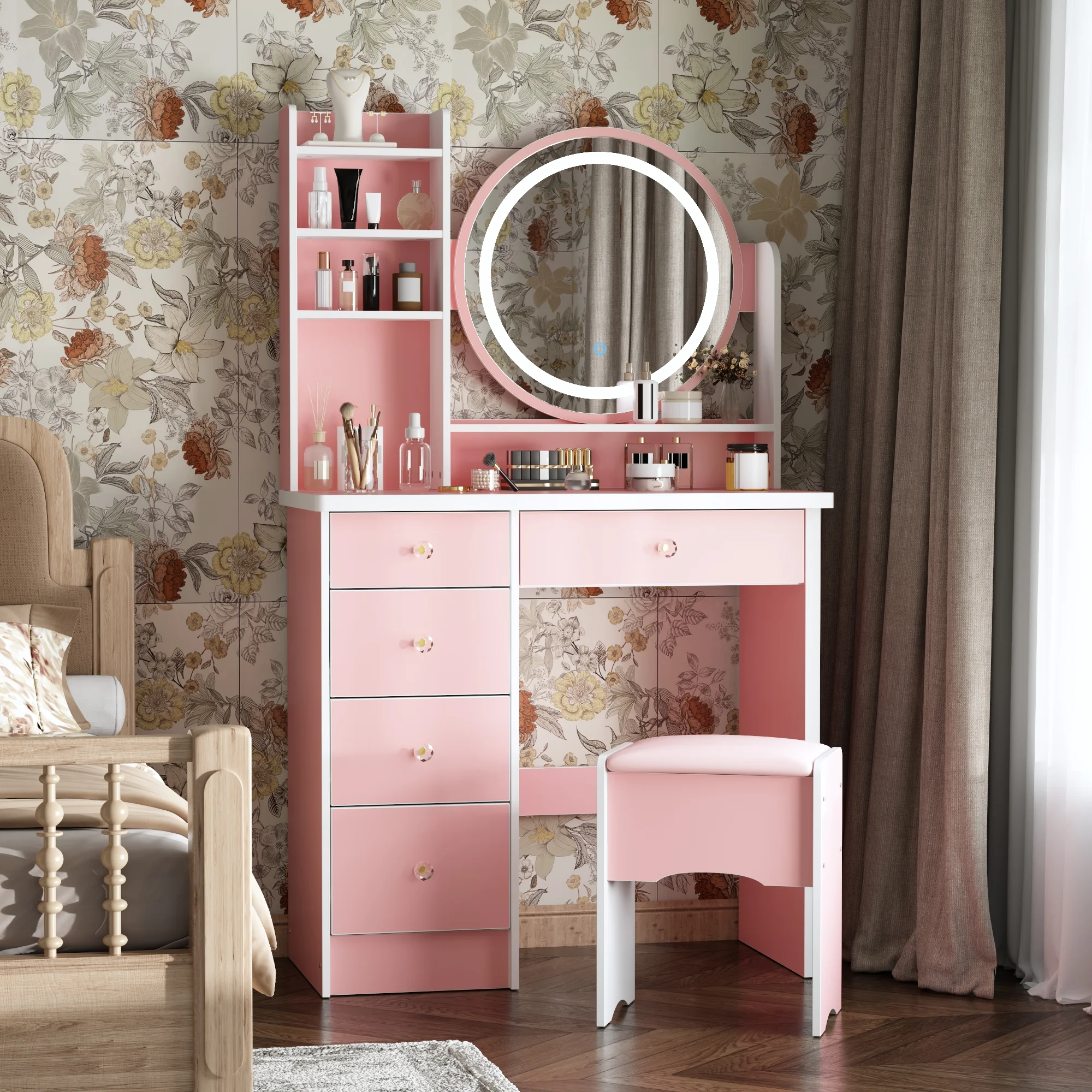 KULAGAGA Vanity Table Set with Light Mirror, Makeup Table with 3 Storage Shelves & 5 Drawers, Dressing Vanity Tables with , Dresser Desk for Girls, Women, White