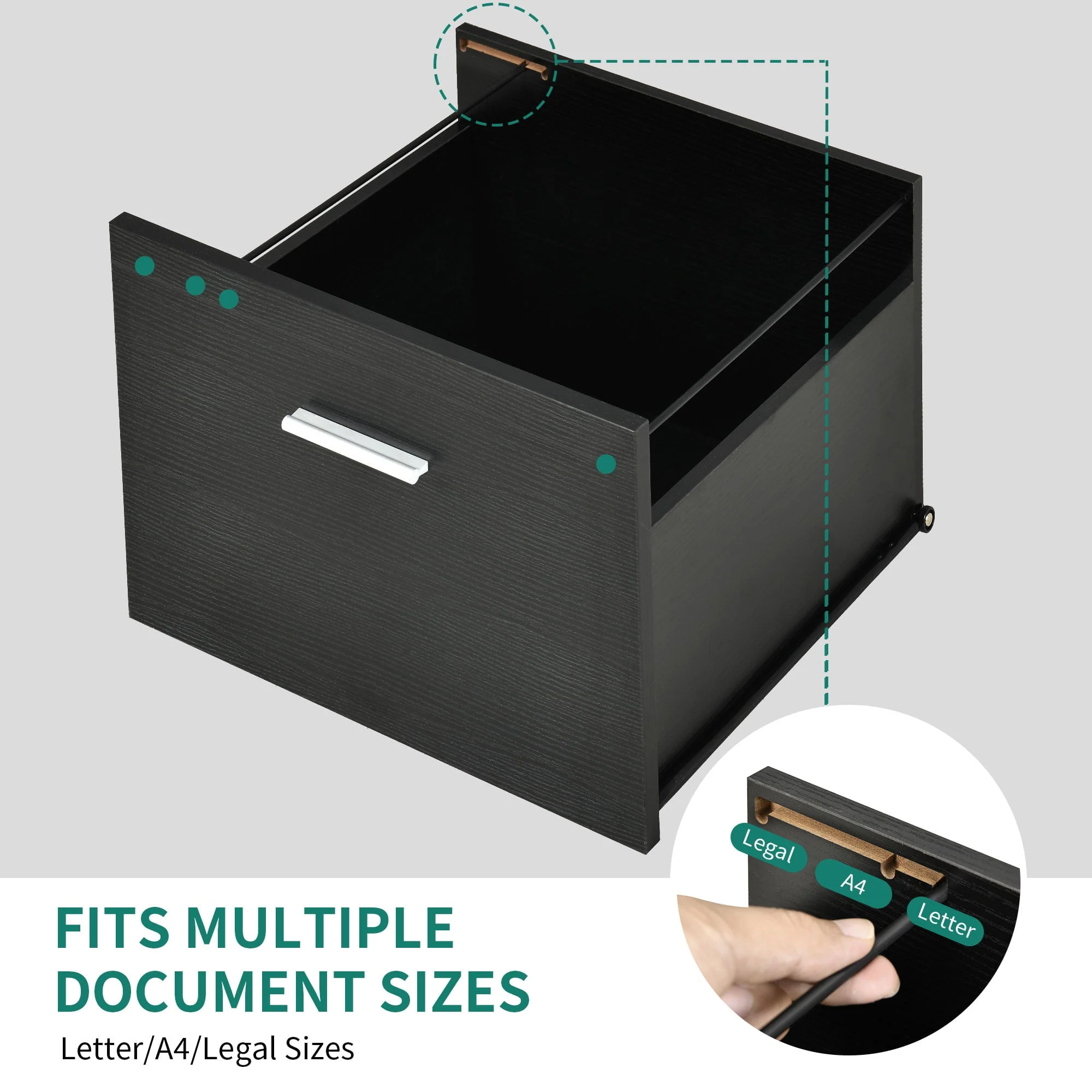 Dextrus File Cabinet with Charging Station, Mobile Lateral Filing Cabinet with Lock for Home Office, Printer Stand with Open Storage Shelf, Fits A4, Letter, Legal Size Files, Office Furniture, Black