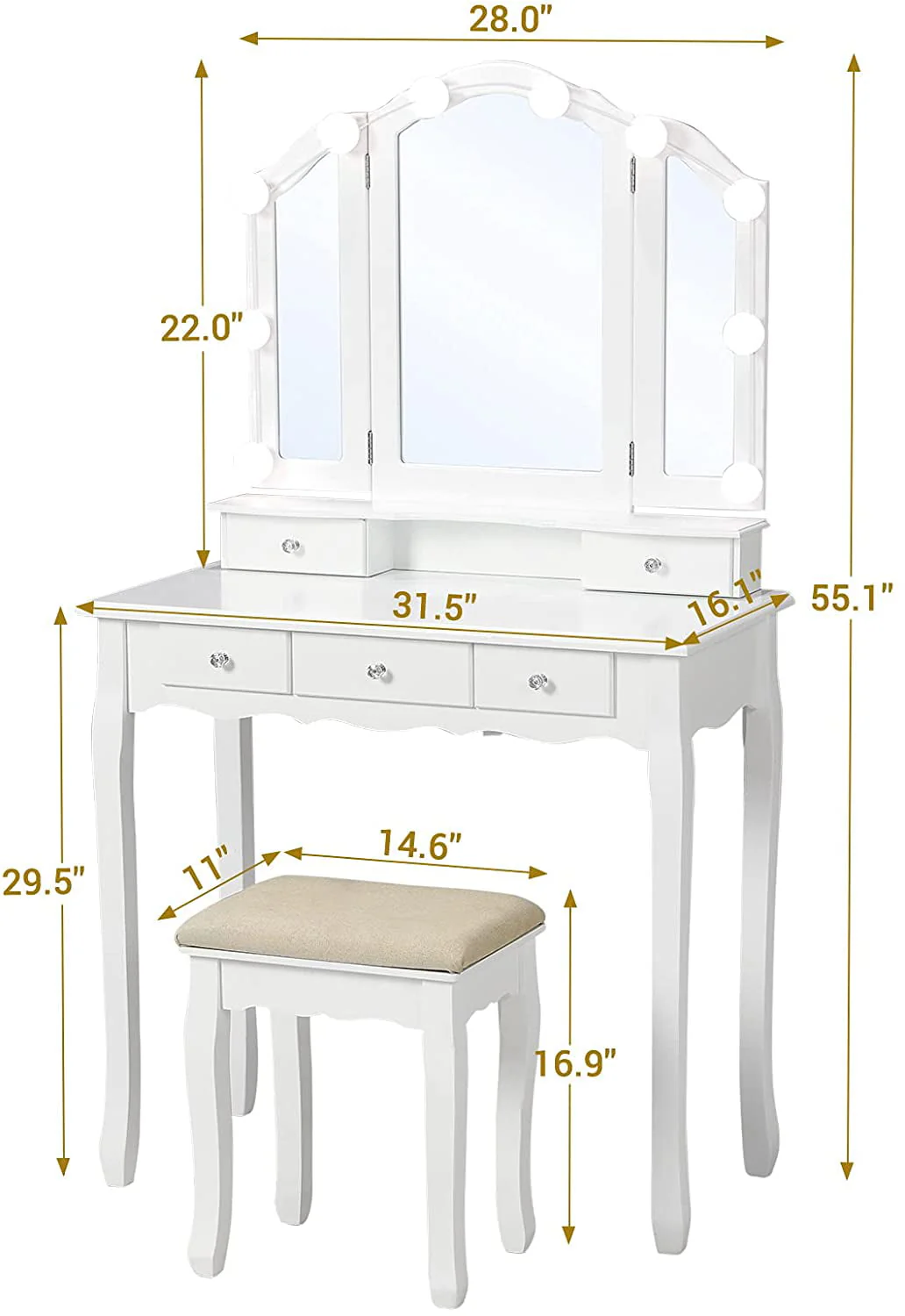 Makeup Vanity Set Desk Table with with Lights & Tri-Folding Mirror,Dressing Table with Cushion Stool & 5 Drawers, White