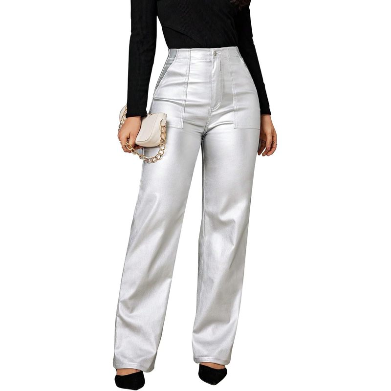 Leather Pants High Waist Coated PU Button Straight