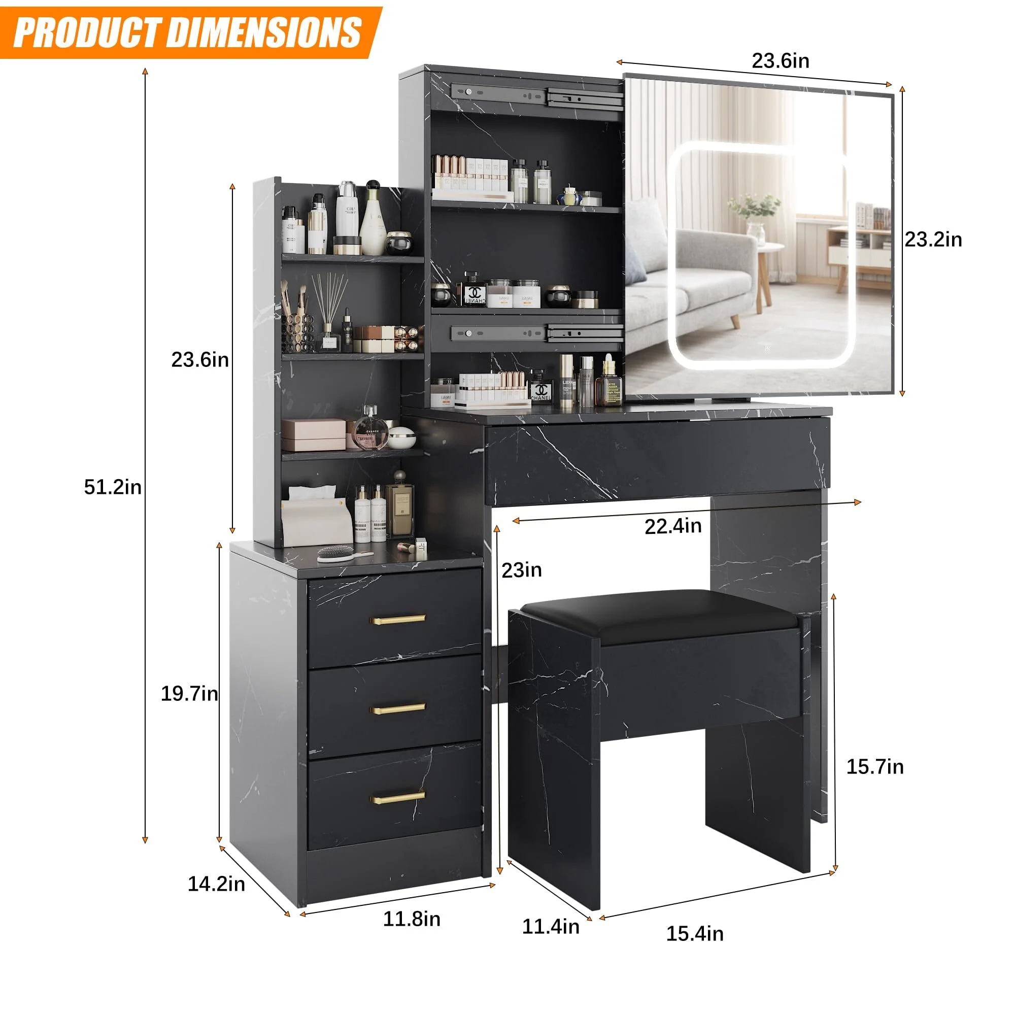 Vanity Desk with Sliding Mirror & Lights, Makeup Vanity Set with Charging Station 4 Drawers 7 Shelves, Large Vanity Set with Cushioned Stool for Bedroom, White