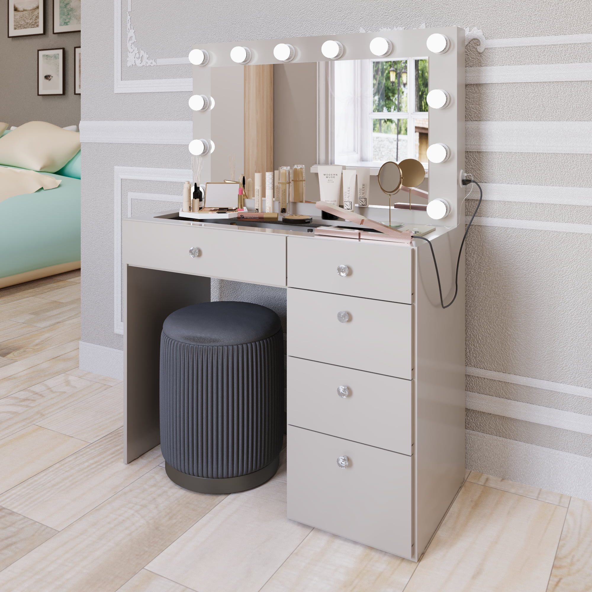 Boahaus Alana White Vanity Desk with LED Lighted Mirror, 5 Drawers, Jewelry Divider, Bluetooth Speakers, and Charging Station