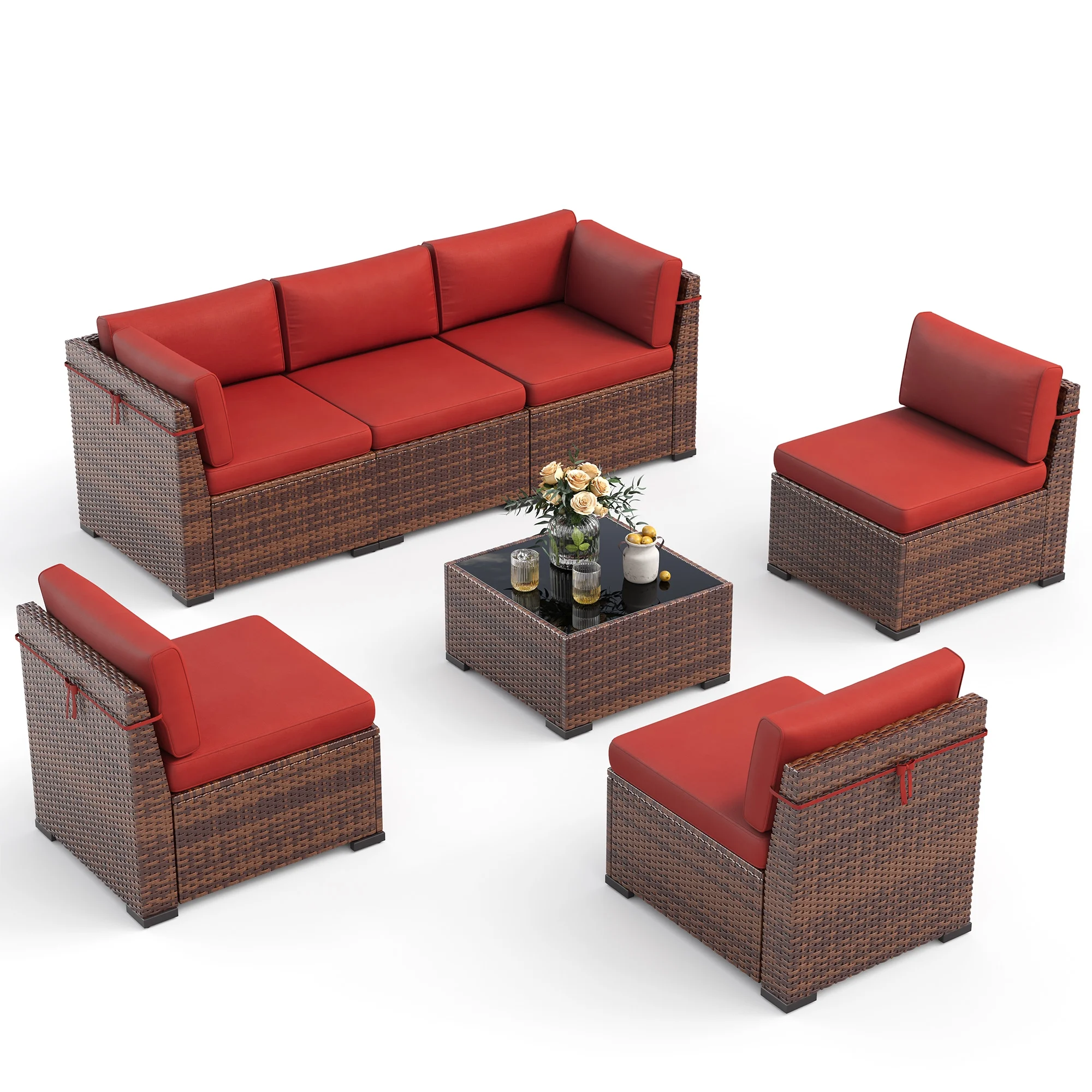 Poteban 7 Pieces Outdoor Sectional Sofa Set , PE Wicker Rattan Slanted Back Outdoor Conversation with Cushions and Glass Coffee Table for Backyard Garden, Dark Gray