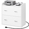 Dextrus Wood File Cabinet with Charging Station, Lateral Filing Cabinet Printer Stand Fits A4 Letter Legal Size Files, White