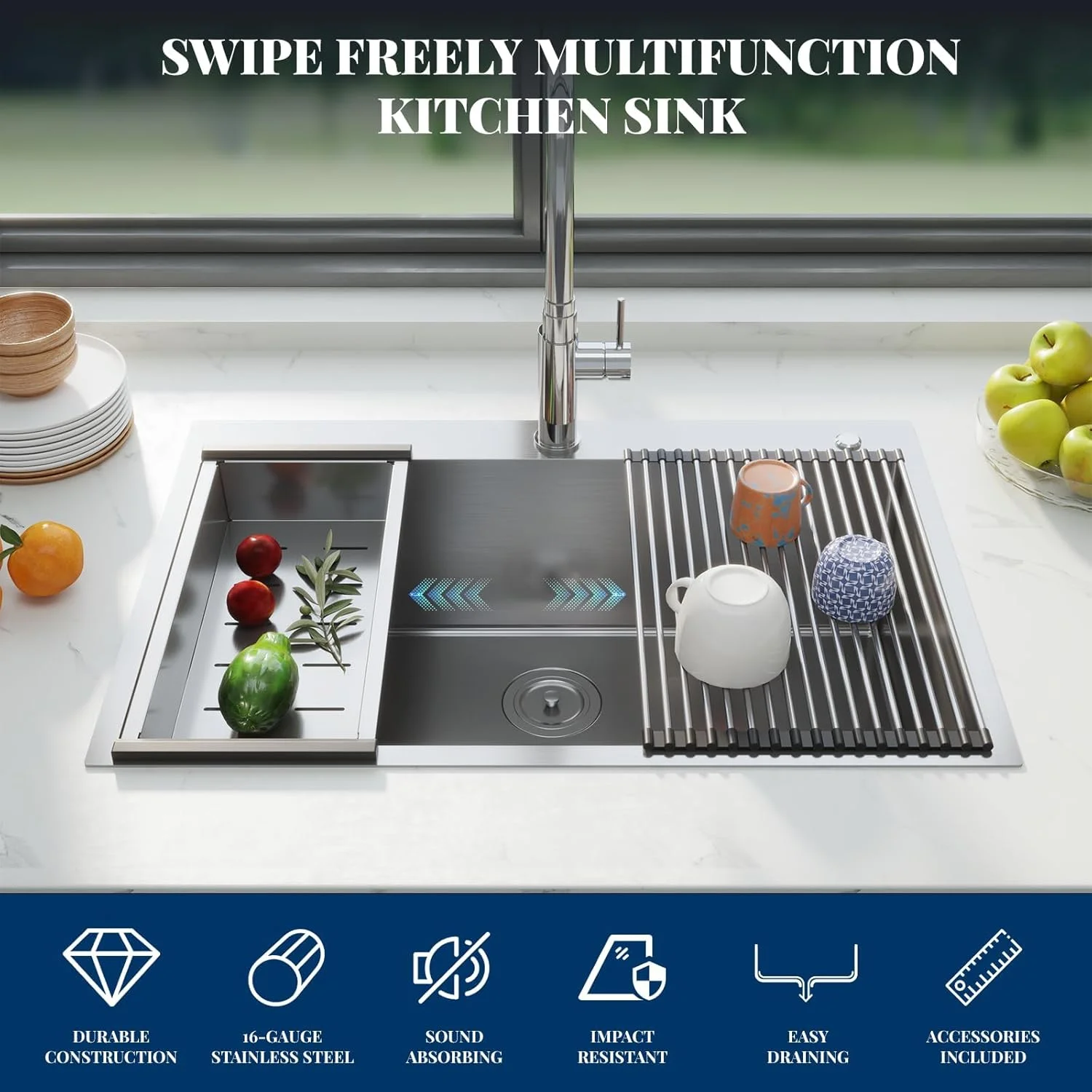 Kitchen Sink,Drop in Single Bowl Stainless Steel Bar Sink with Cutting Board,Undermount Workstation Kitchen Sink with Accessories