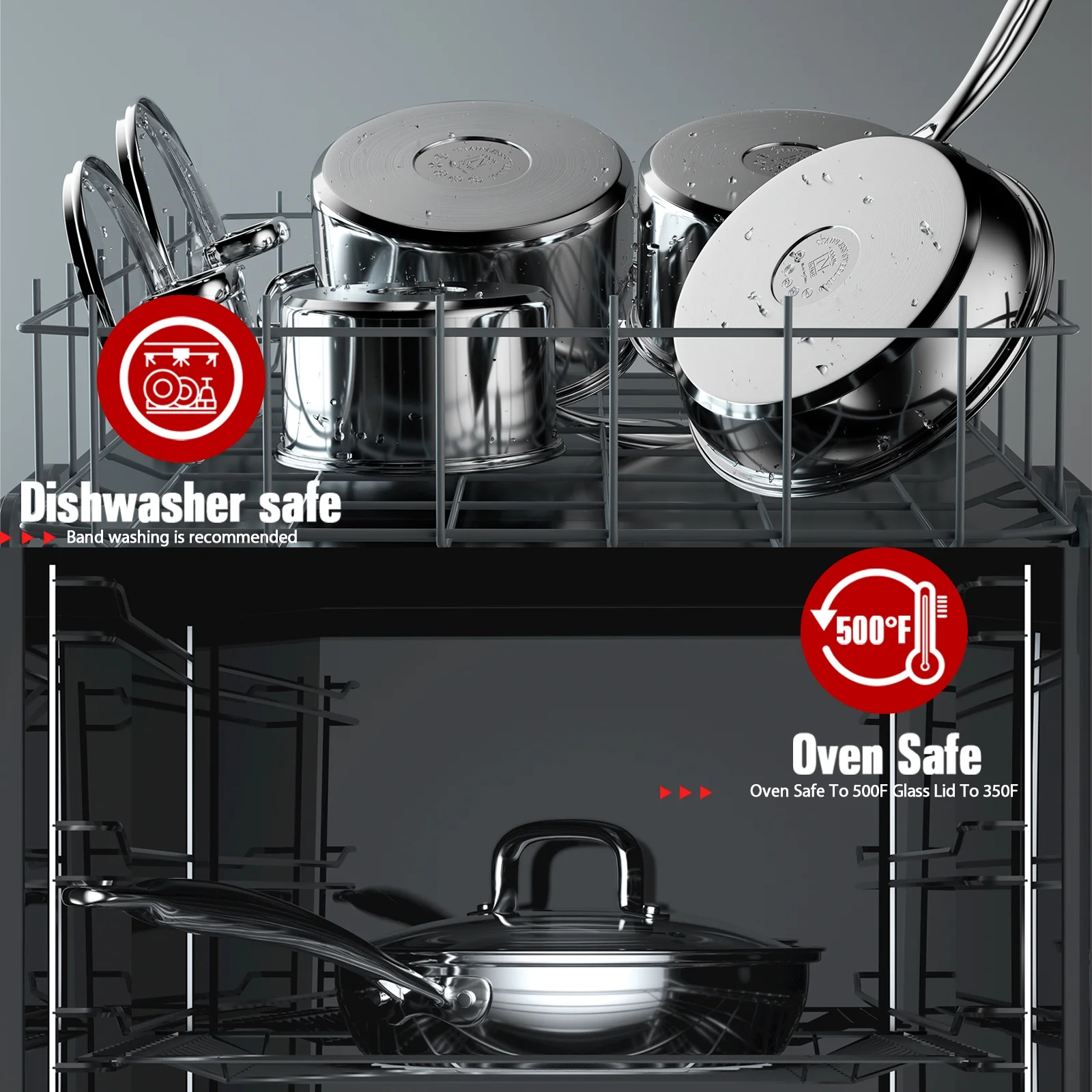 Cook N Home Pots and Pans Stainless Steel, 8-Piece Induction Pot Kitchen Cookware Set, Silver, Oven Safe