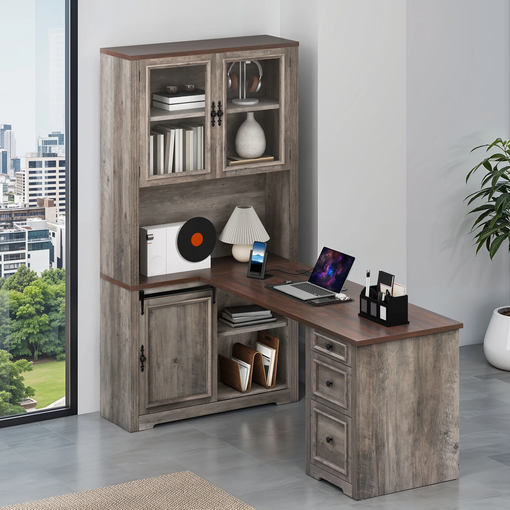 Craftian Executive Desk with Hutch, L Shape Computer Desk, Wood Office Desk with Storage Cabinet, White