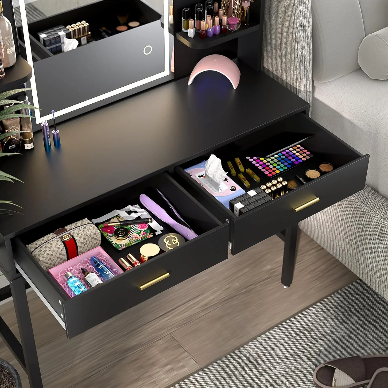 iSunirm Vanity Desk with Mirror and Lights, Makeup Vanity with 2 Drawers, Vanity Table Set with 3 Color Adjustable Lighting Options, Modern Dressing Table with Shelf, for Bedroom, Pink