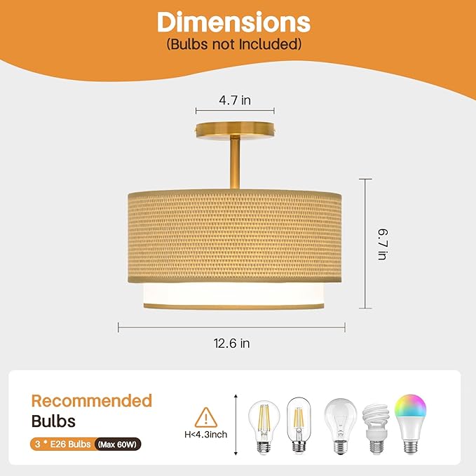 MELLOWWLITE Boho Light Fixtures Woven Rattan-Style Flush Mount Ceiling Light