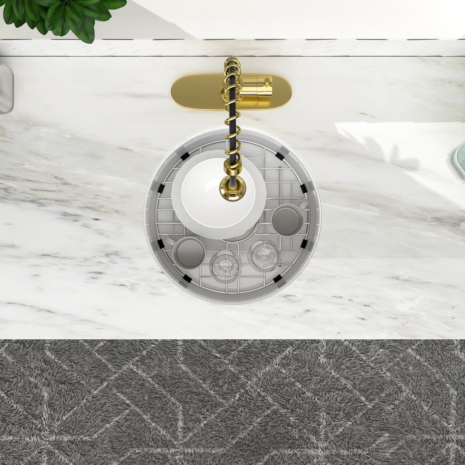 Logmey 18 Inch Round Ceramic Kitchen Sink Porcelain Small Single Bowl, White Undermount Bar Sink, Depth 8-1/3 Inch Sink, with Gold Drainer Assembly LM-WAL-LTBS3019FY-N