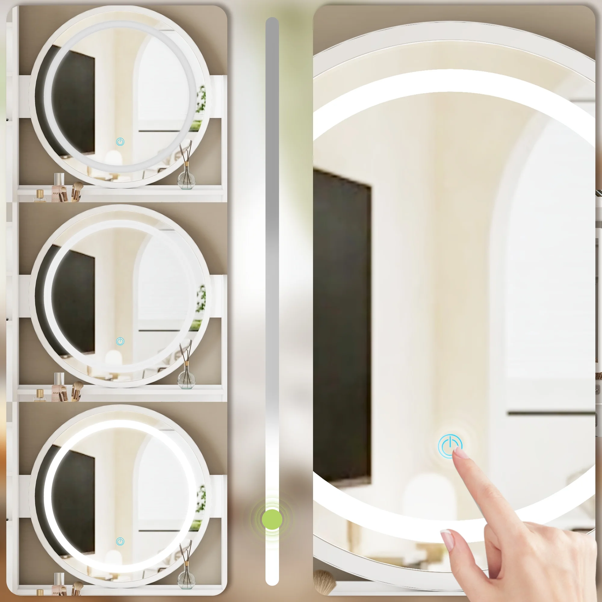 OXYLIFE Makeup Vanity Desk Table with Sliding LED Lighted Mirror, Cushion Stool, 4 Drawers and Shelves, White+Gray