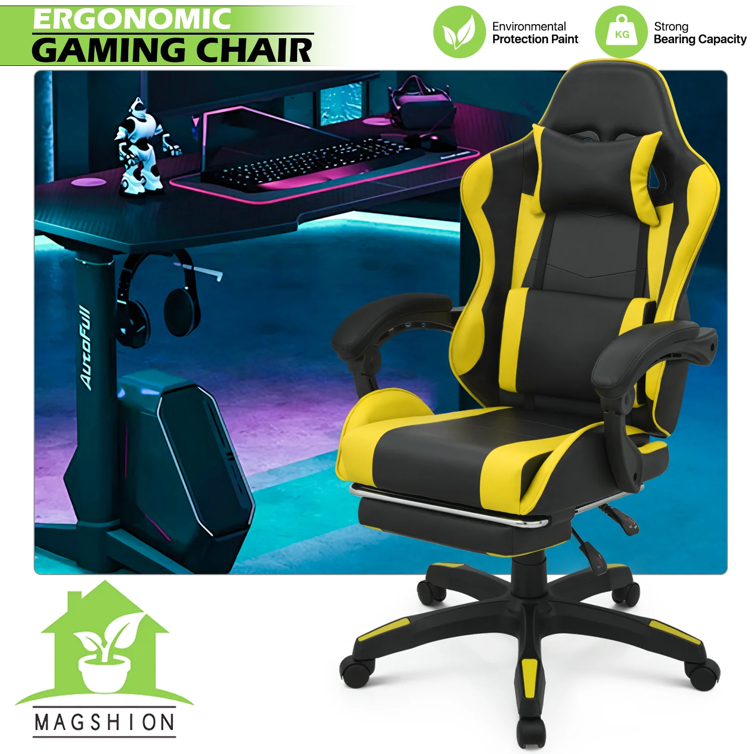 Magshion Adjustable Gaming Chair, Ergonomic PC Computer Seat with Headrest and Lumbar Support for Adults Teens Desk Chair, Black
