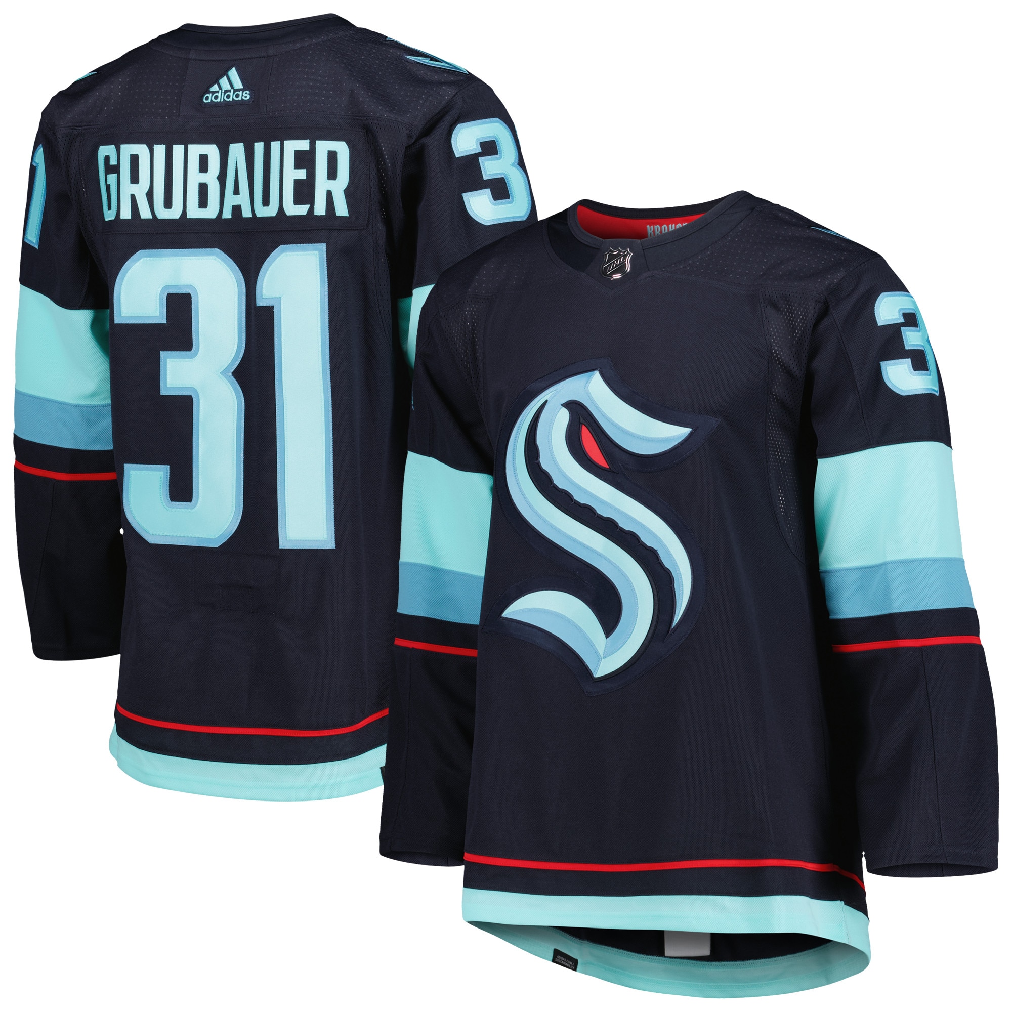 Philipp Grubauer Seattle Kraken  Home Primegreen  Pro   Jersey – Deep Sea Blue