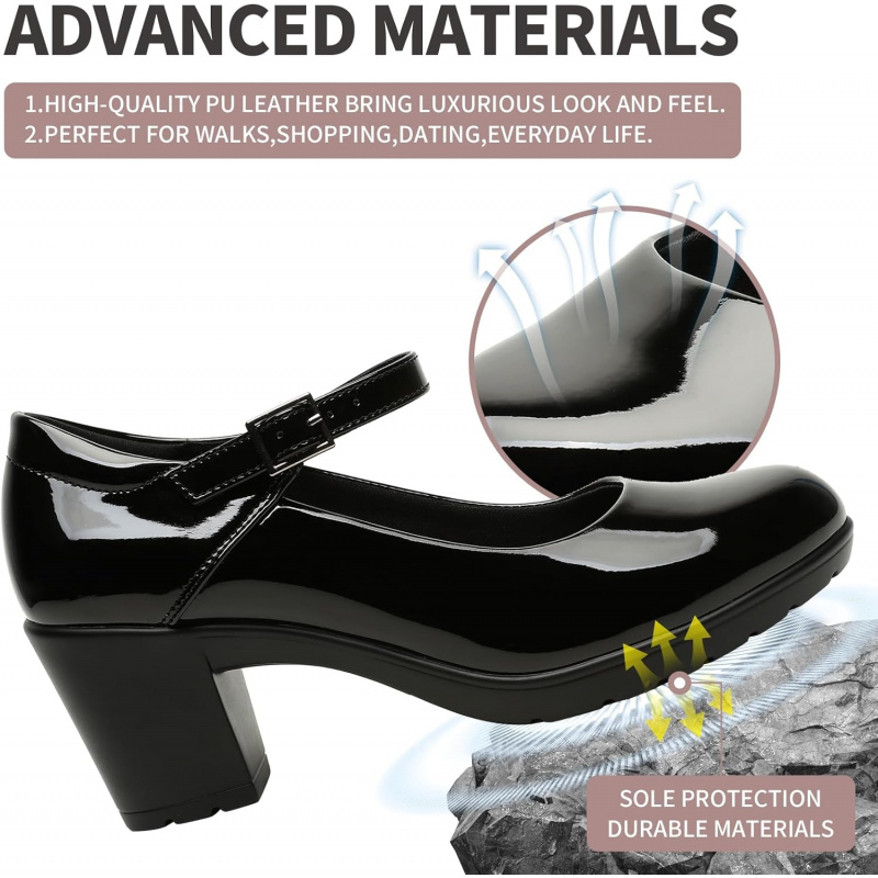 Women's Mary Jane Dress Shoes Chunky Low Block Heels 7CM Closed