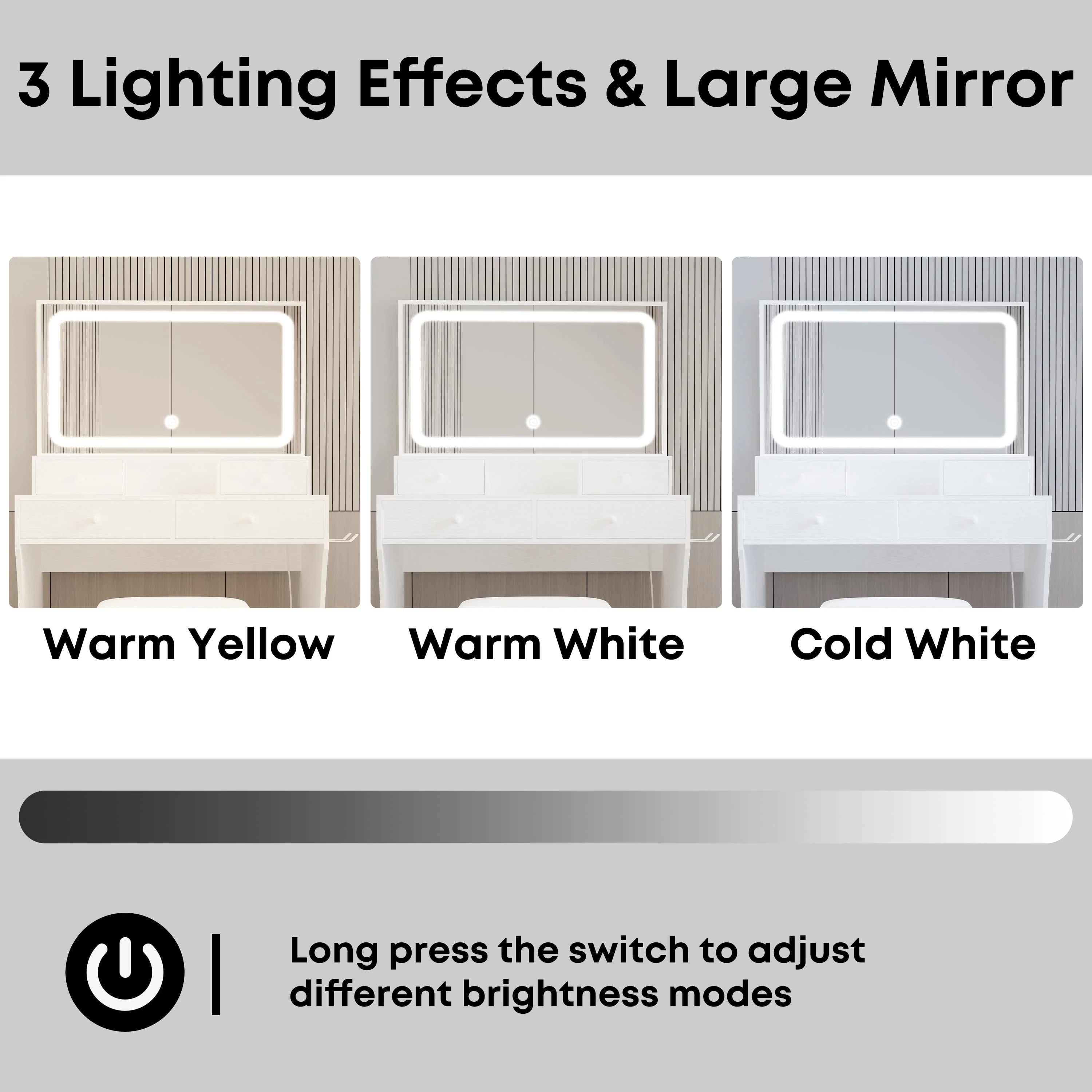 LIKIMIO Vanity Desk with LED  Mirror, Bedroom Makeup Table with 4 Drawers, Storage Stool, White