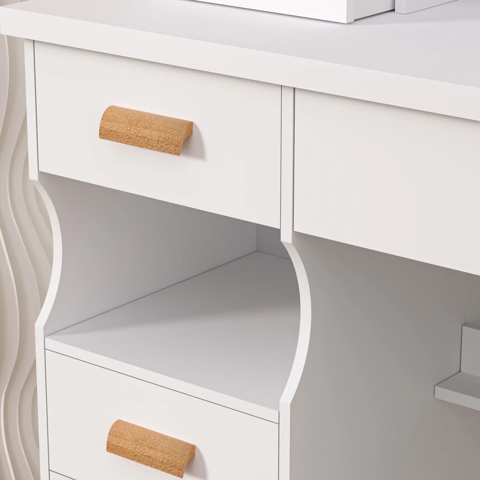 AQMD Vanity Desk with Sliding Mirror, Bedroom Dressing Table, Makeup Table with 5 Drawers & Shelves, Hidden Storage Space