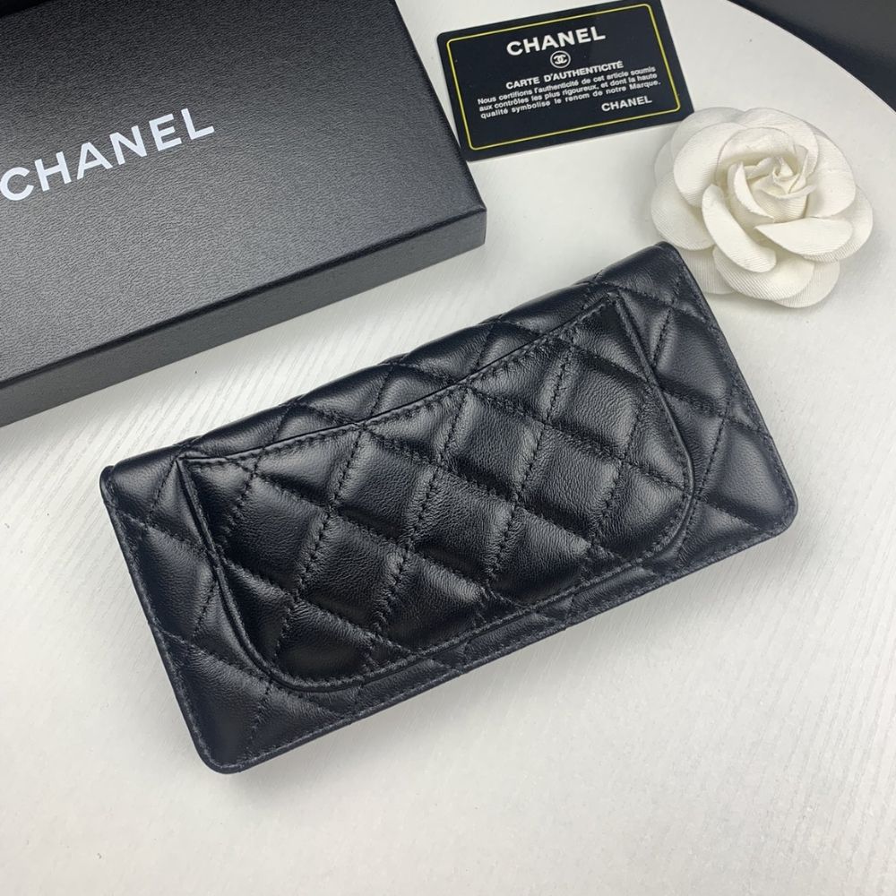 Chanel Quilted Classic Long Flap Wallet With Silver Hardware Black 7.6 Inches
