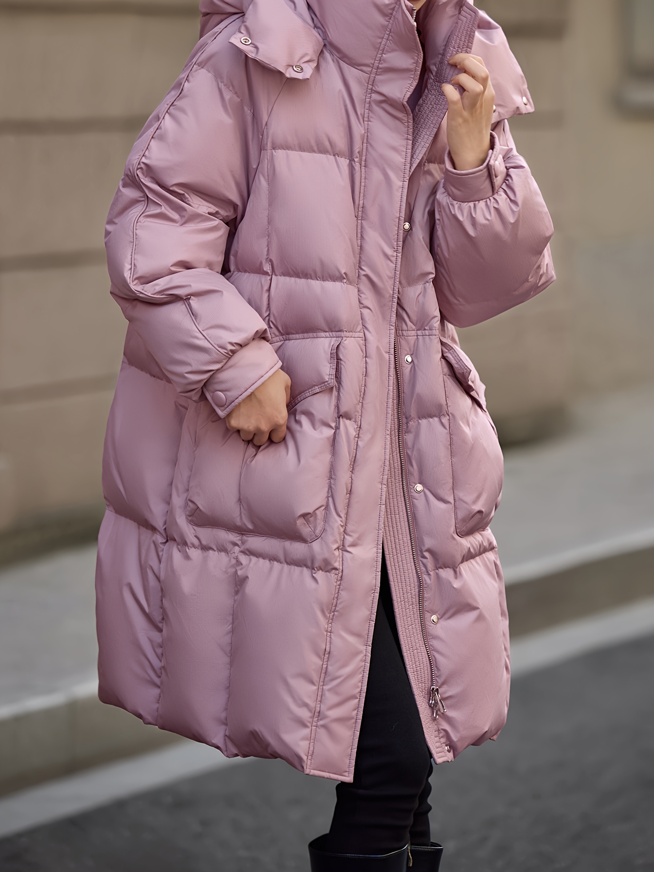 Women’s Winter Puffer Down Jacket, Hooded Stand Collar, Mid-Length, Solid Color, Long Sleeve, Non-Stretch, 100% Polyester