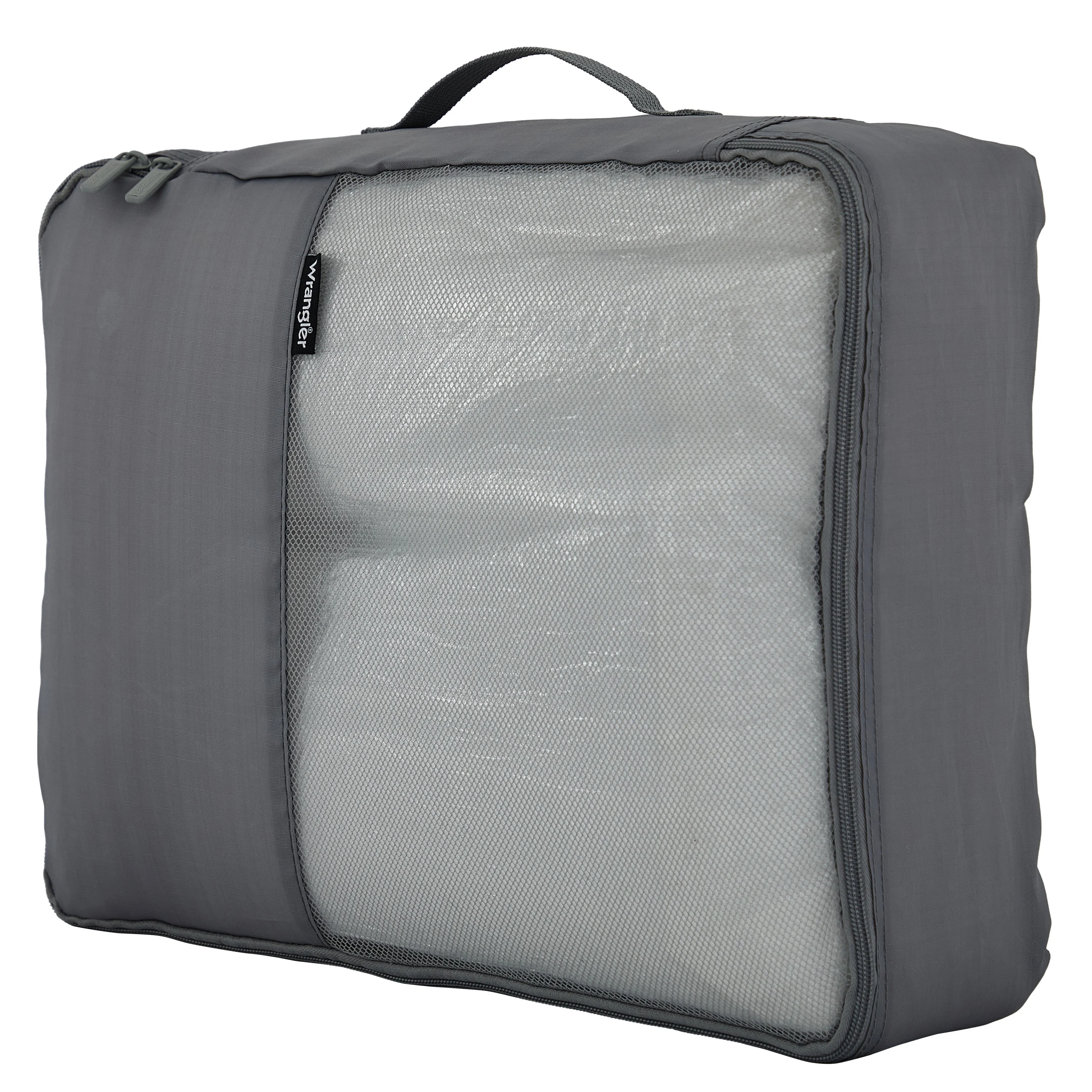 Wrangler 4 Piece Expandable Hardside Spinner Luggage Set with Packing Cubes, Sharkskin Grey